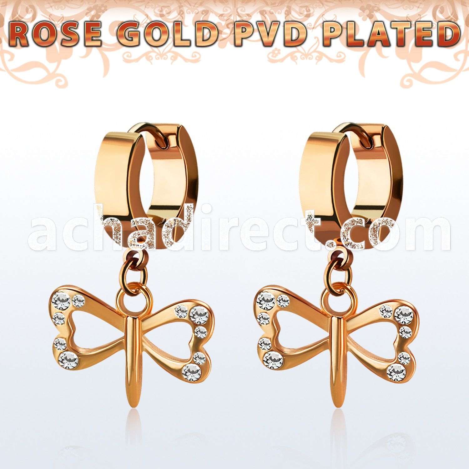 rose gold steel earring w dangling small dragonfly