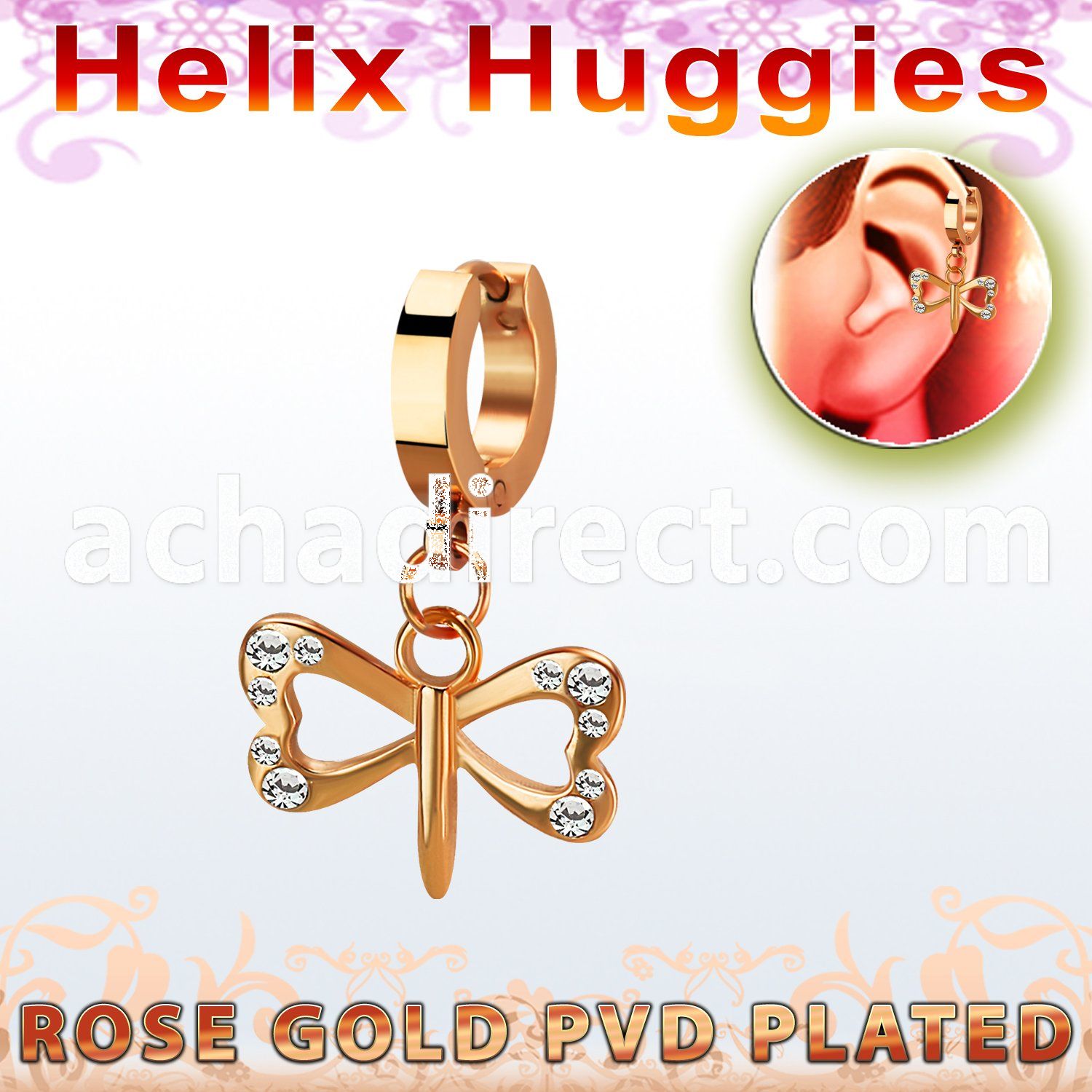 rose gold steel helix huggie dangling crystal dragonfly