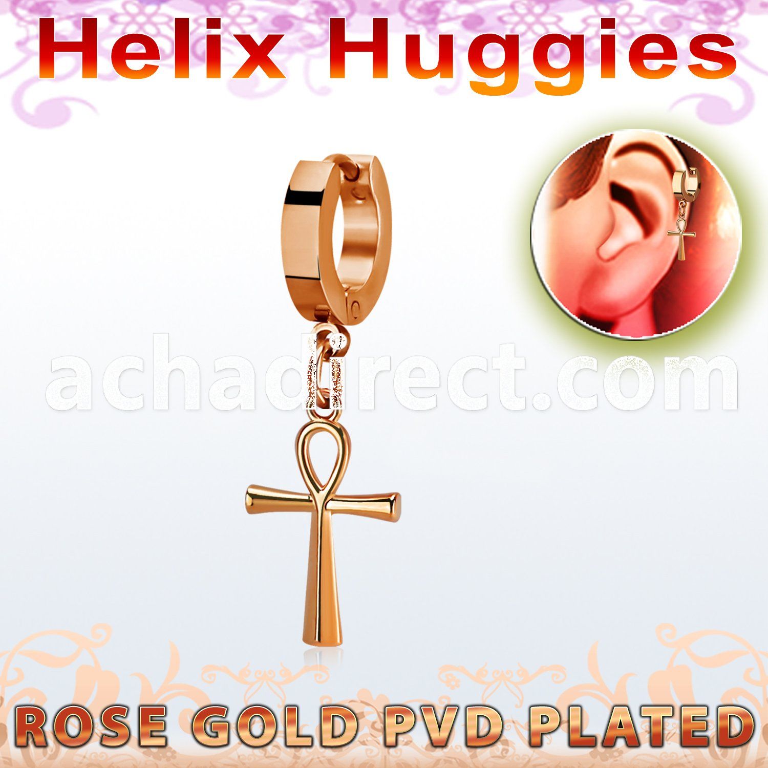 rose gold steel helix huggie w a dangling ankh cross 
