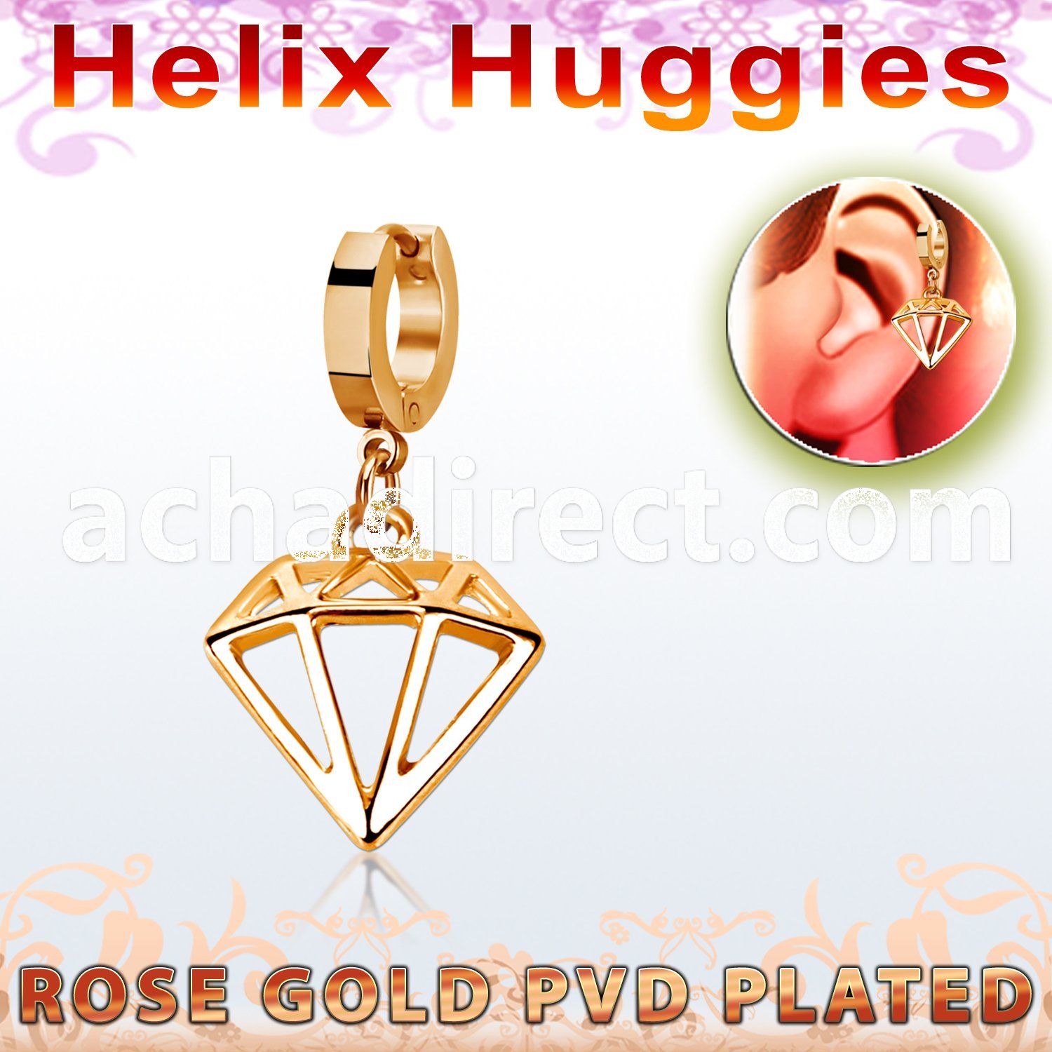 rose gold steel helix huggie w a diamond dangling 