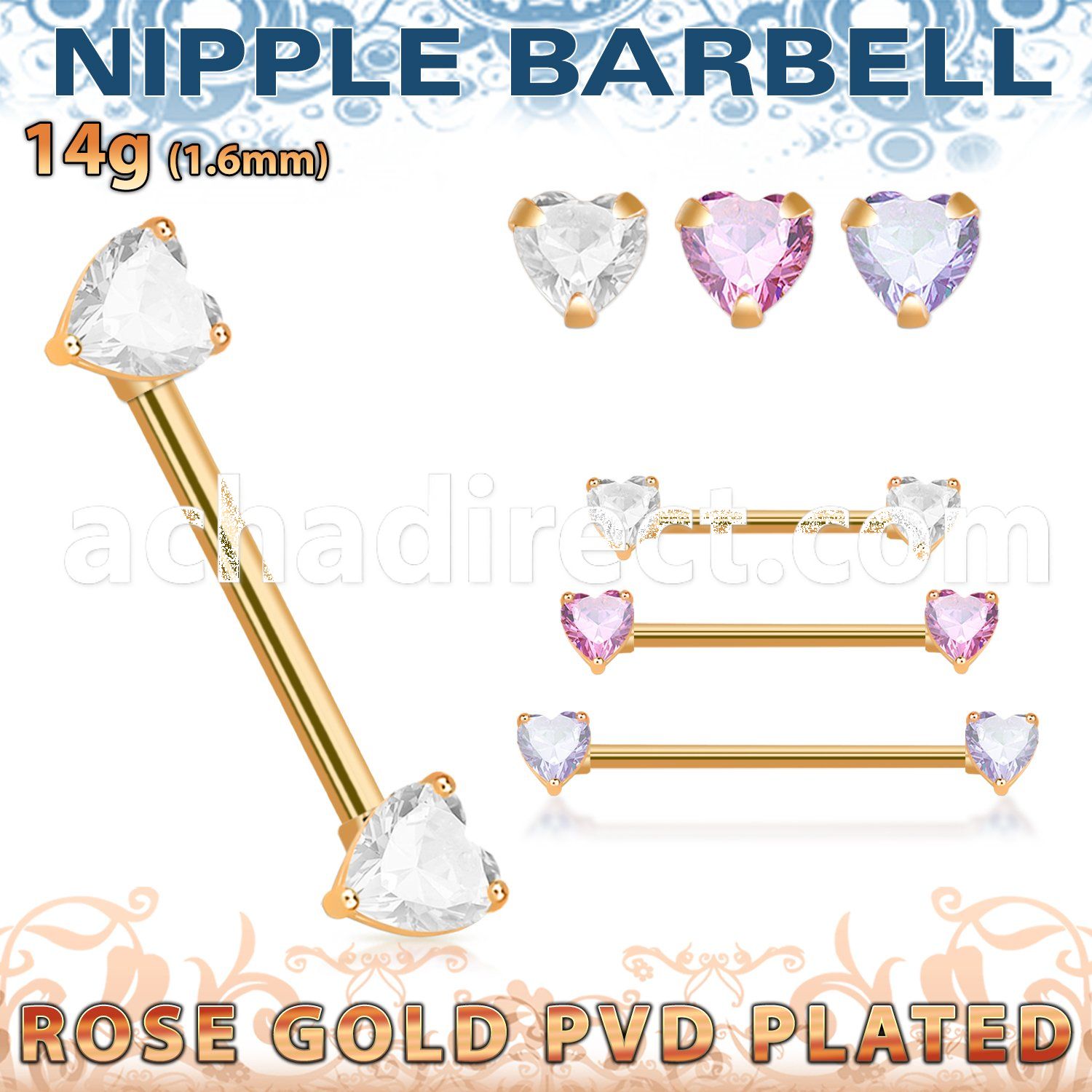 rose gold steel nipple barbell prong set heart shaped czs