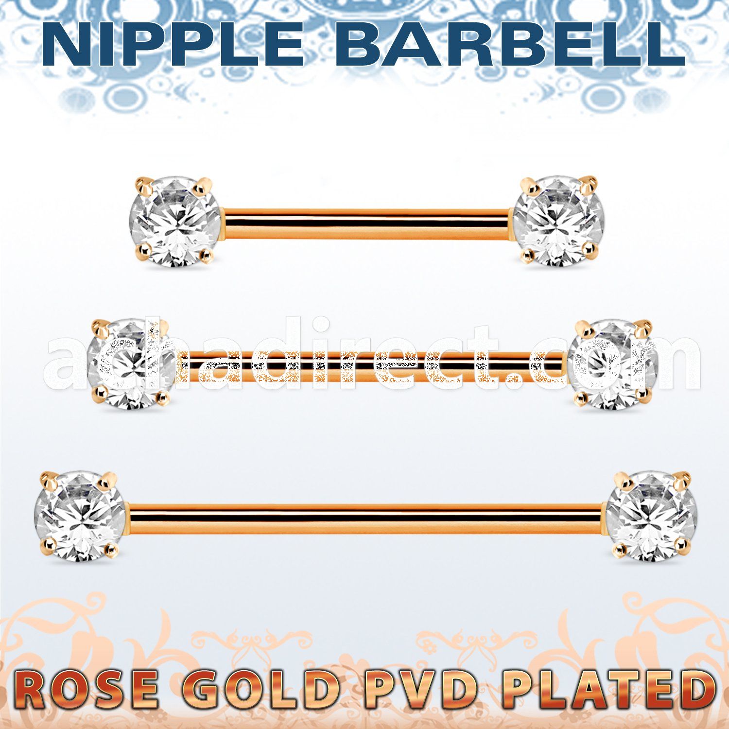 rose gold steel nipple barbell w prong set round czs