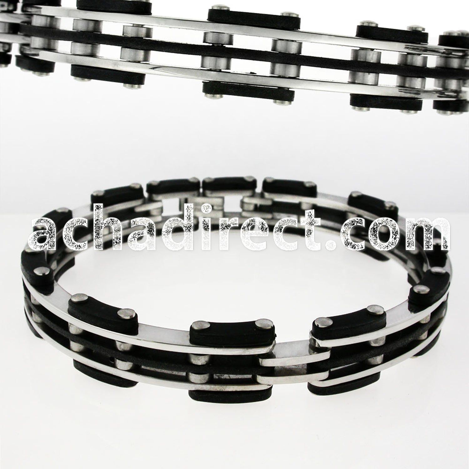 rsb119 polished steel layered bracelet with rubber accents