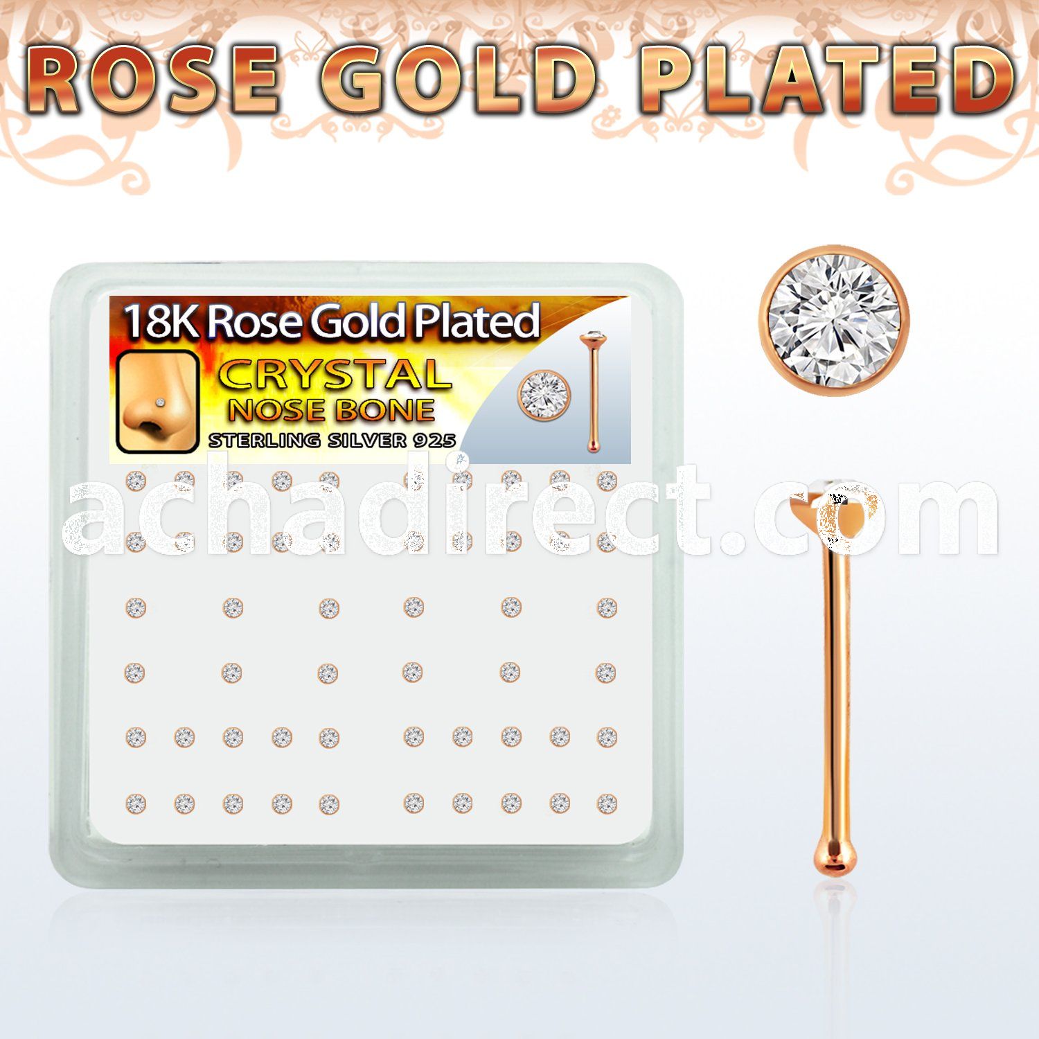 rsb14xc rose gold plated silver nose bones w 2mm clear crystal