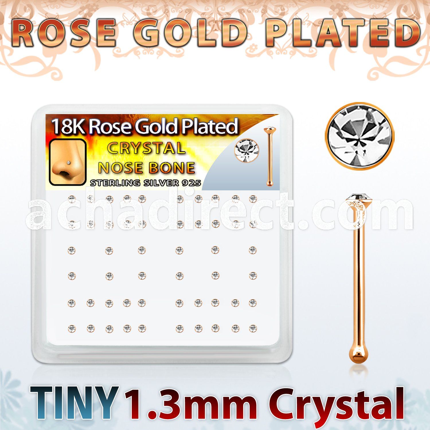 rsb6xc box rose gold silver nose bones w 1.25mm clear crystals