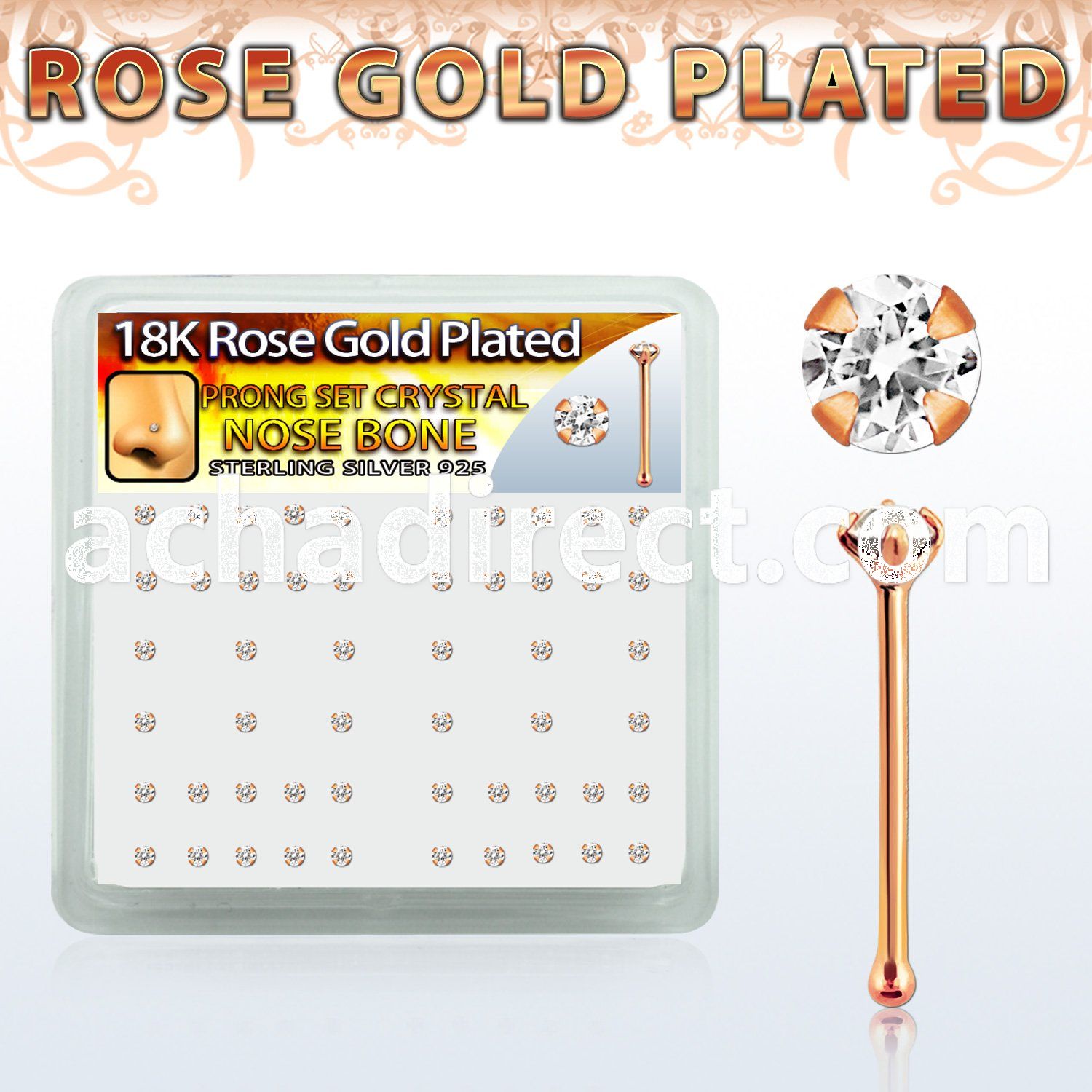 rsbp14xc box w rose gold plated silver nose bone w 2mm crystal