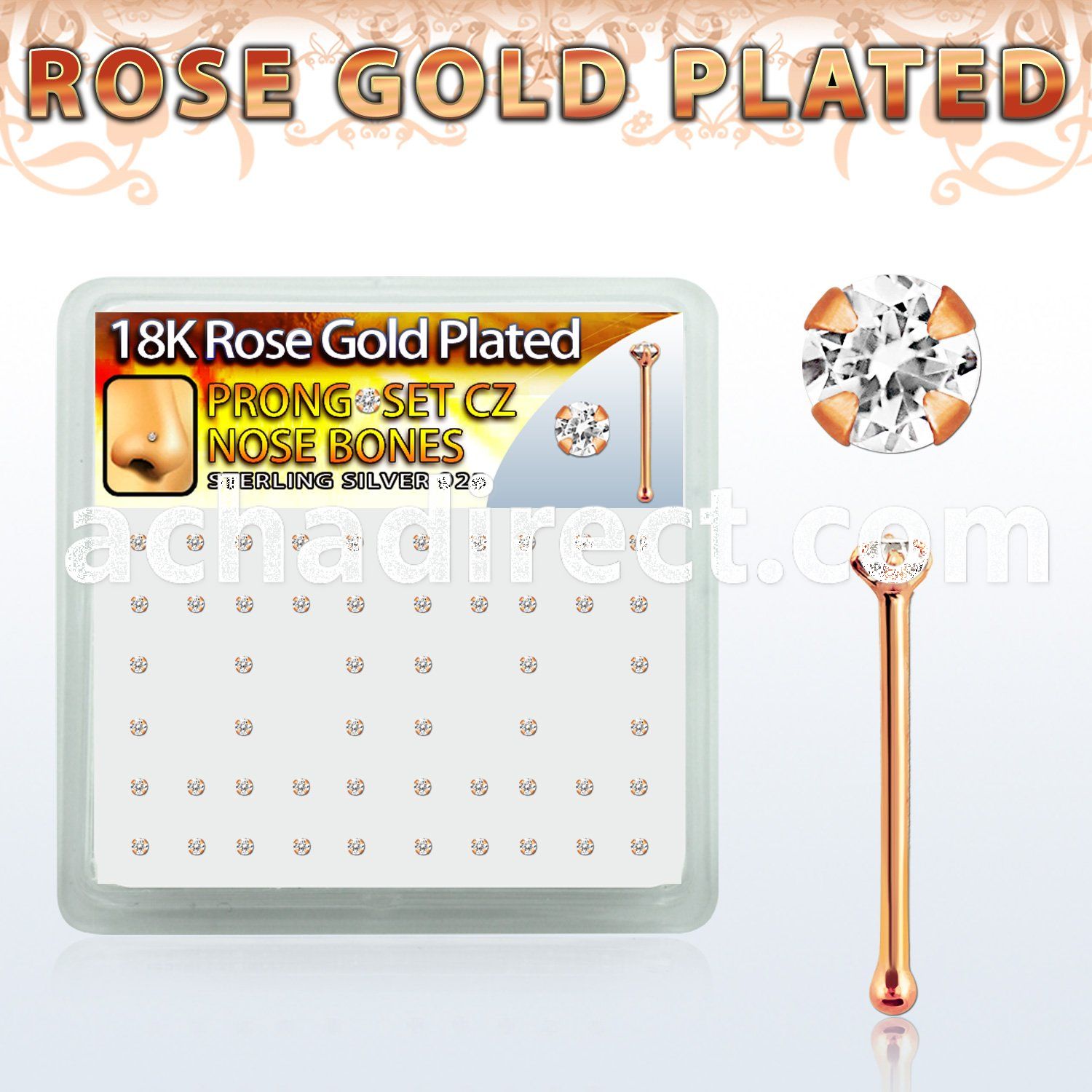 rsbz12xc box w rose gold plated silver nose bone w 1 25mm cz top