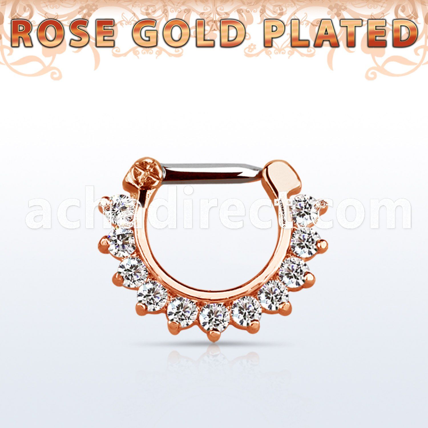 rsepc14 rose gold silver septum clicker 16g w prong set cz