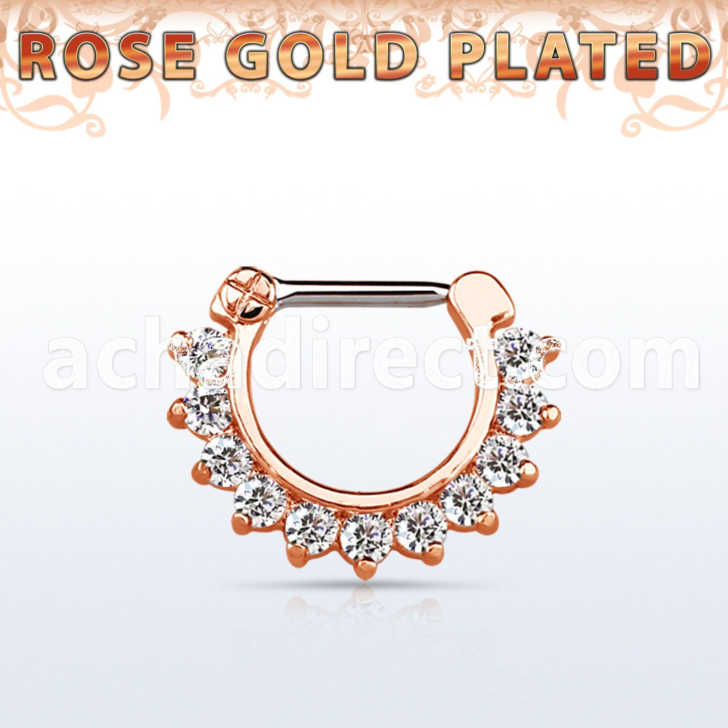 rsepc16 rose gold silver septum clicker 14g w prong set cz