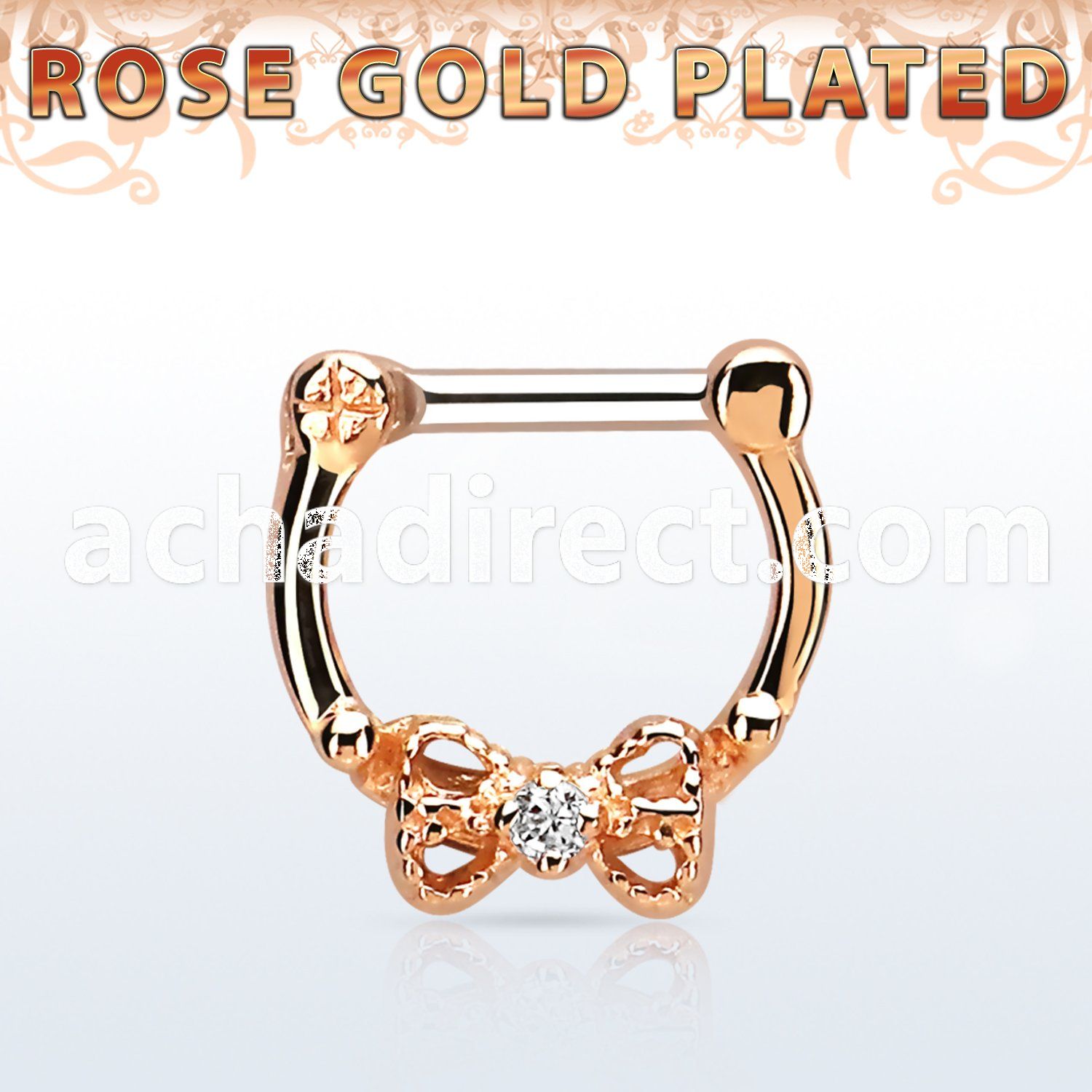 rsepk14 rose gold plated silver septum clicker 14g w bow cz