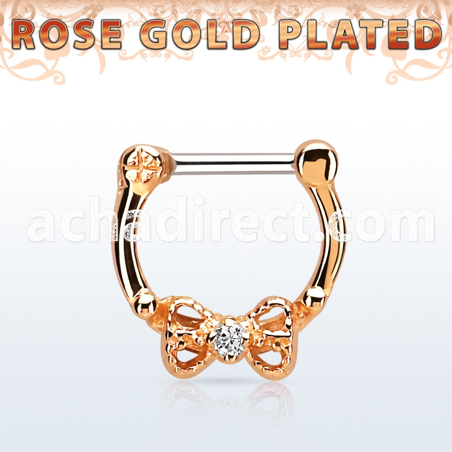 rsepk16 rose gold plated silver septum clicker 16g w bow cz