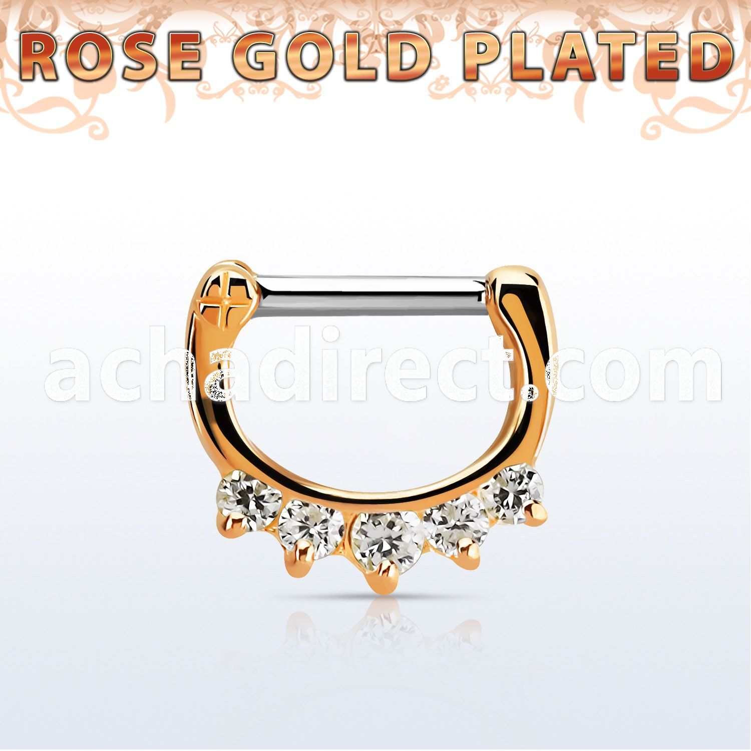 rsepq14 rose gold plated silver septum clicker 14g w 5 czs stone