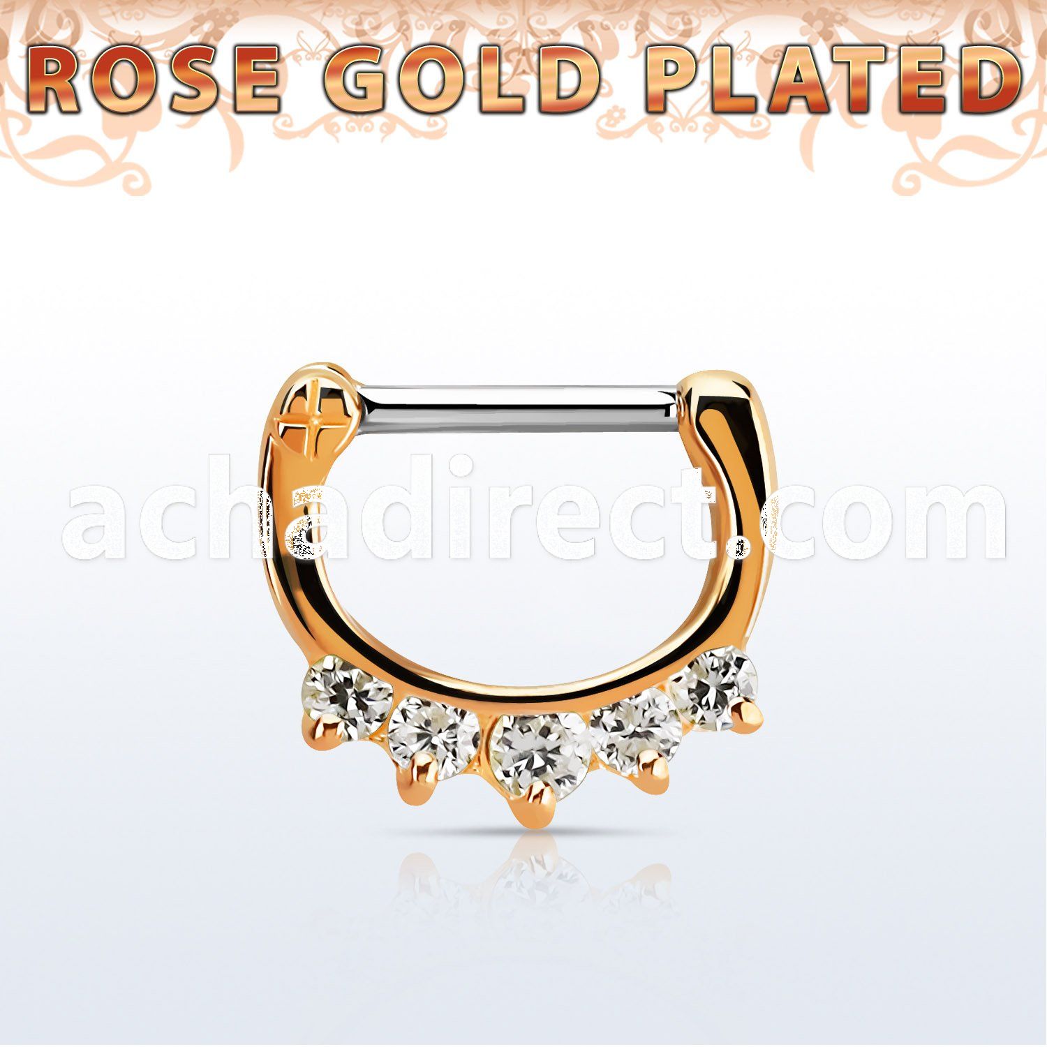 rsepq16 rose gold plated silver septum clicker 16g w 5 czs stone