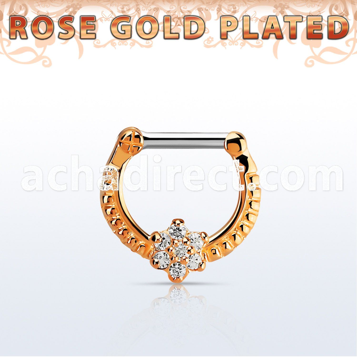 rsepr14 rose gold plated silver septum clicker, 14g w flower czs