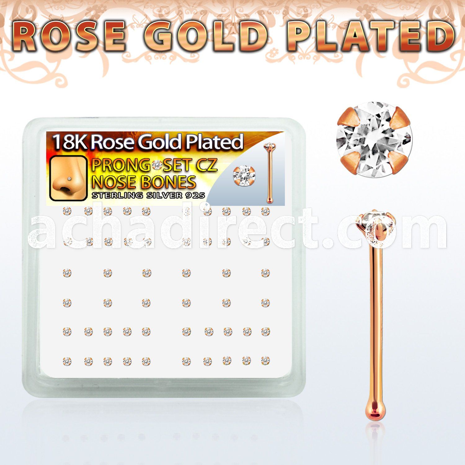 rsnbzbc rose gold silver nose bones w 1 5mm clear prong set cz