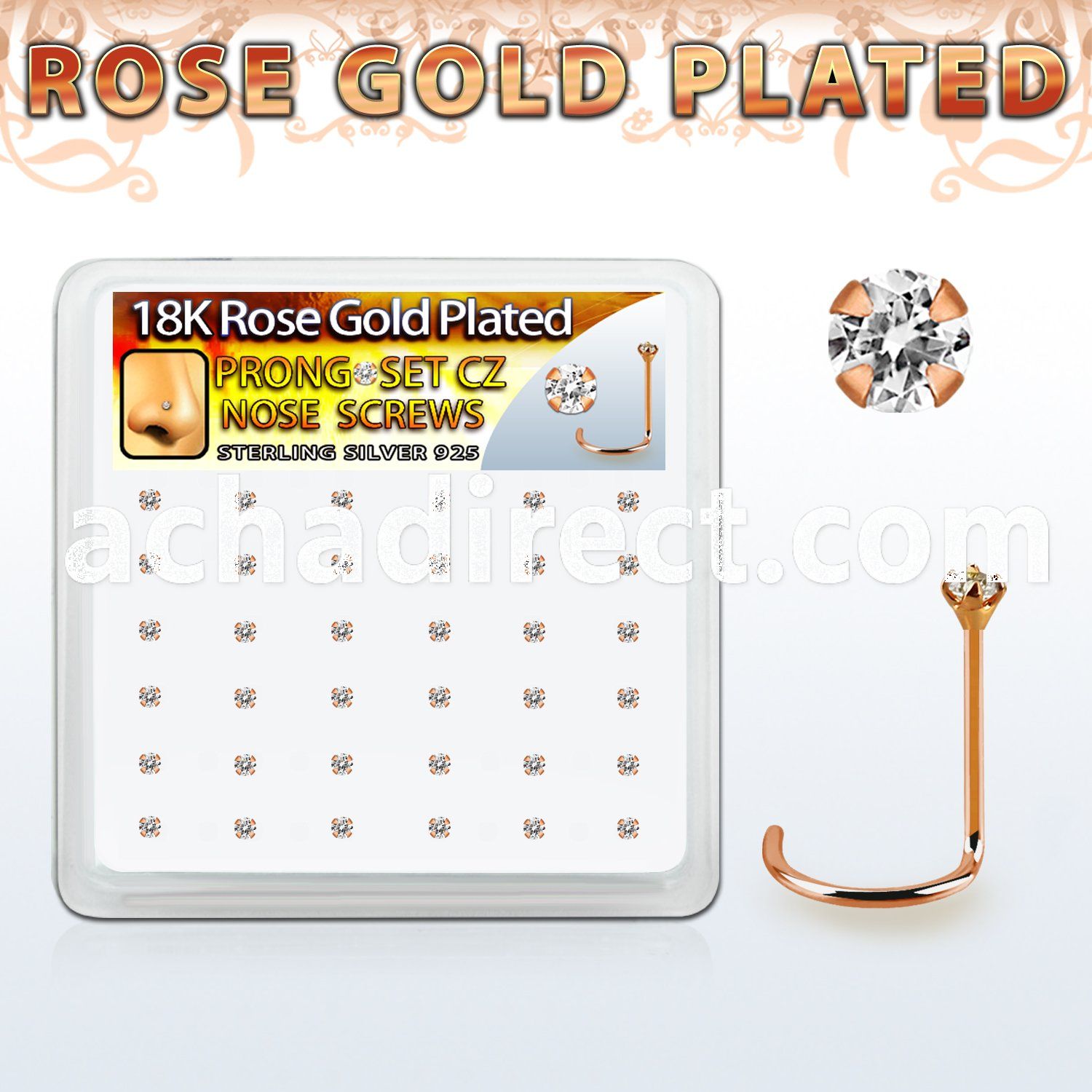rsnwzbc rose gold plated silver nose screws w prong set 1.5mm cz