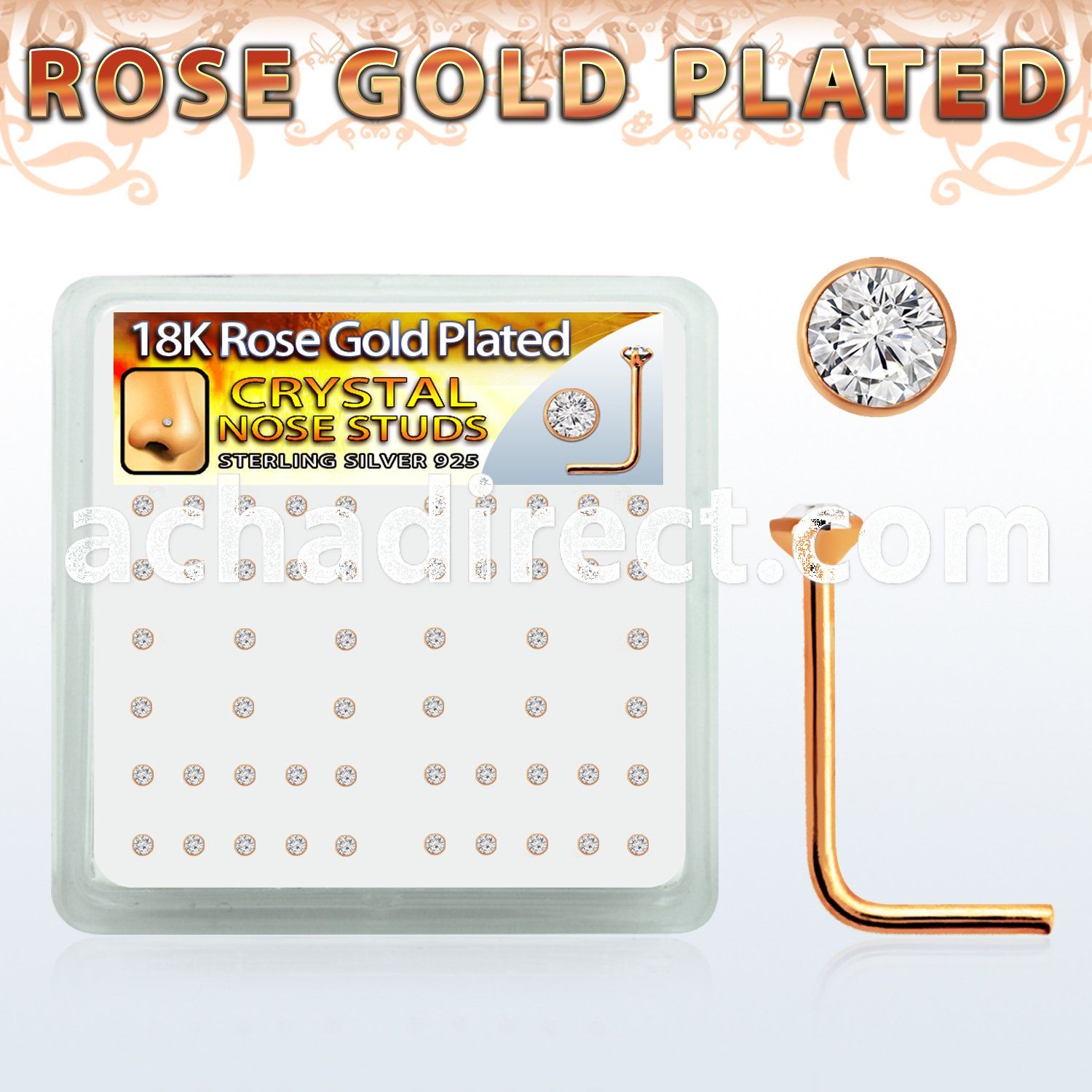 rss14xc rose gold plated silver nose studs w 2mm clear crystal