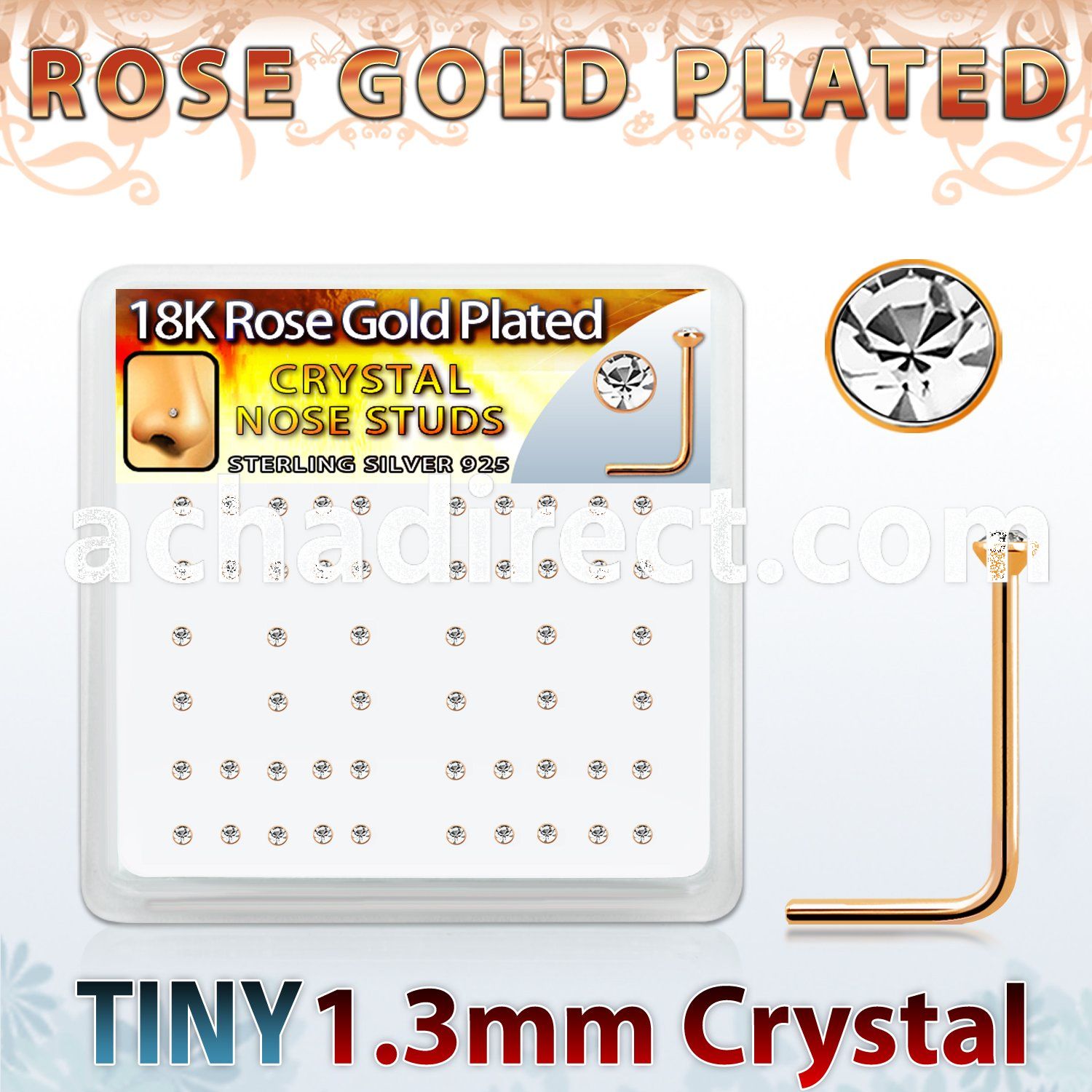 rss6xc box rose gold silver nose studs w 1.25mm clear crystals