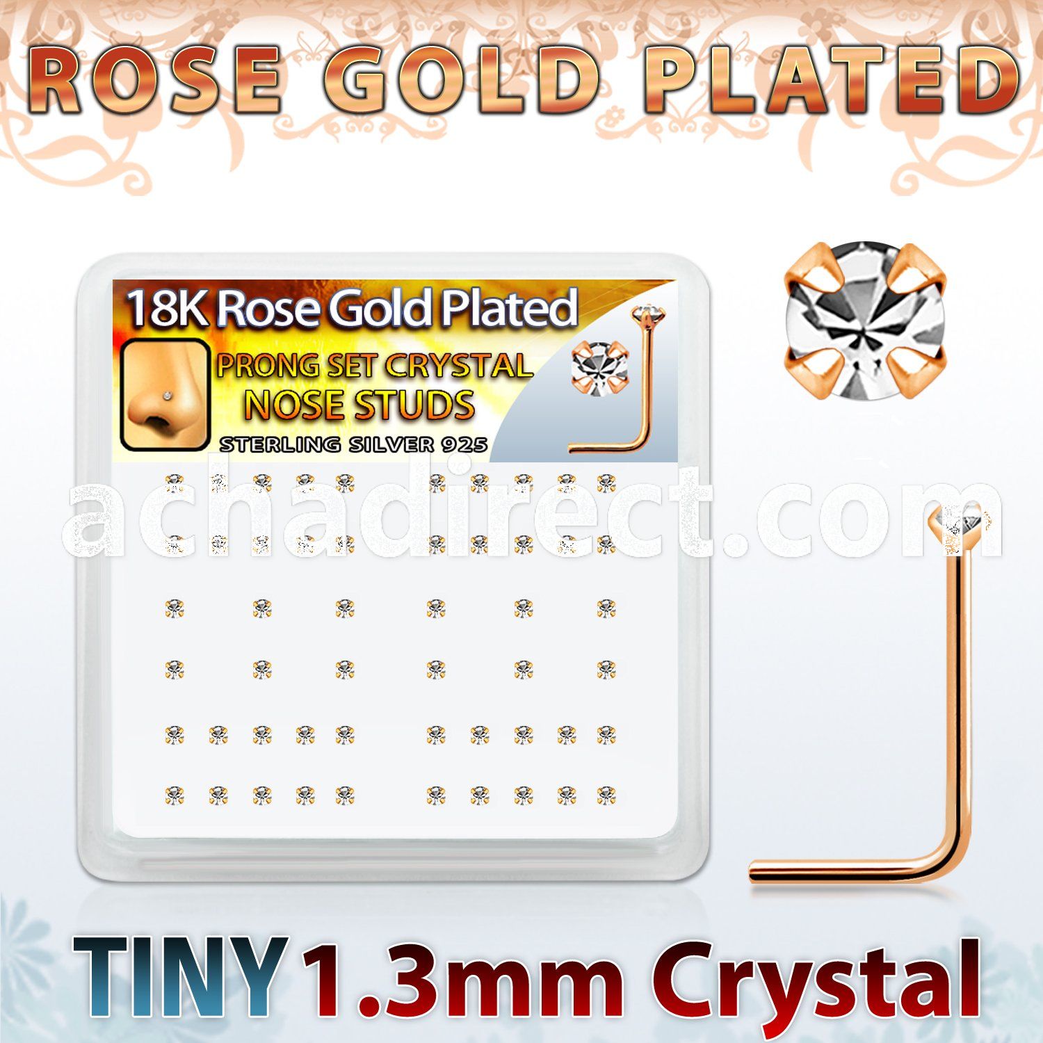 rssp6xc box w rose gold plated silver nose stud w 1 25mm crystal