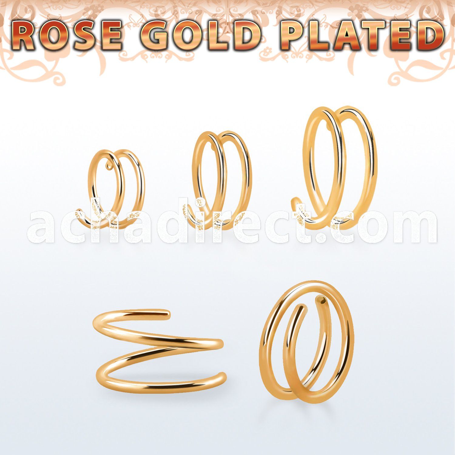 rsspr20 silver spiral nose ring, 20g w 18k rose gold plating