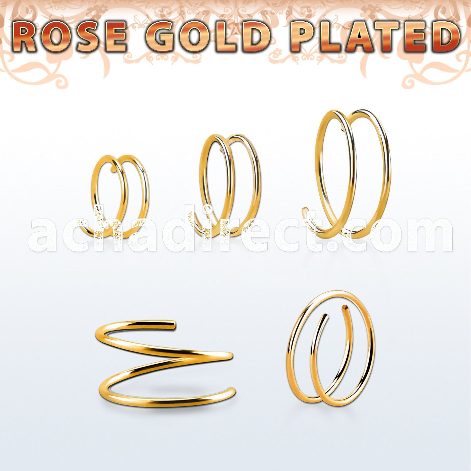 rsspr22 silver spiral nose ring, 22g w 18k rose gold plating