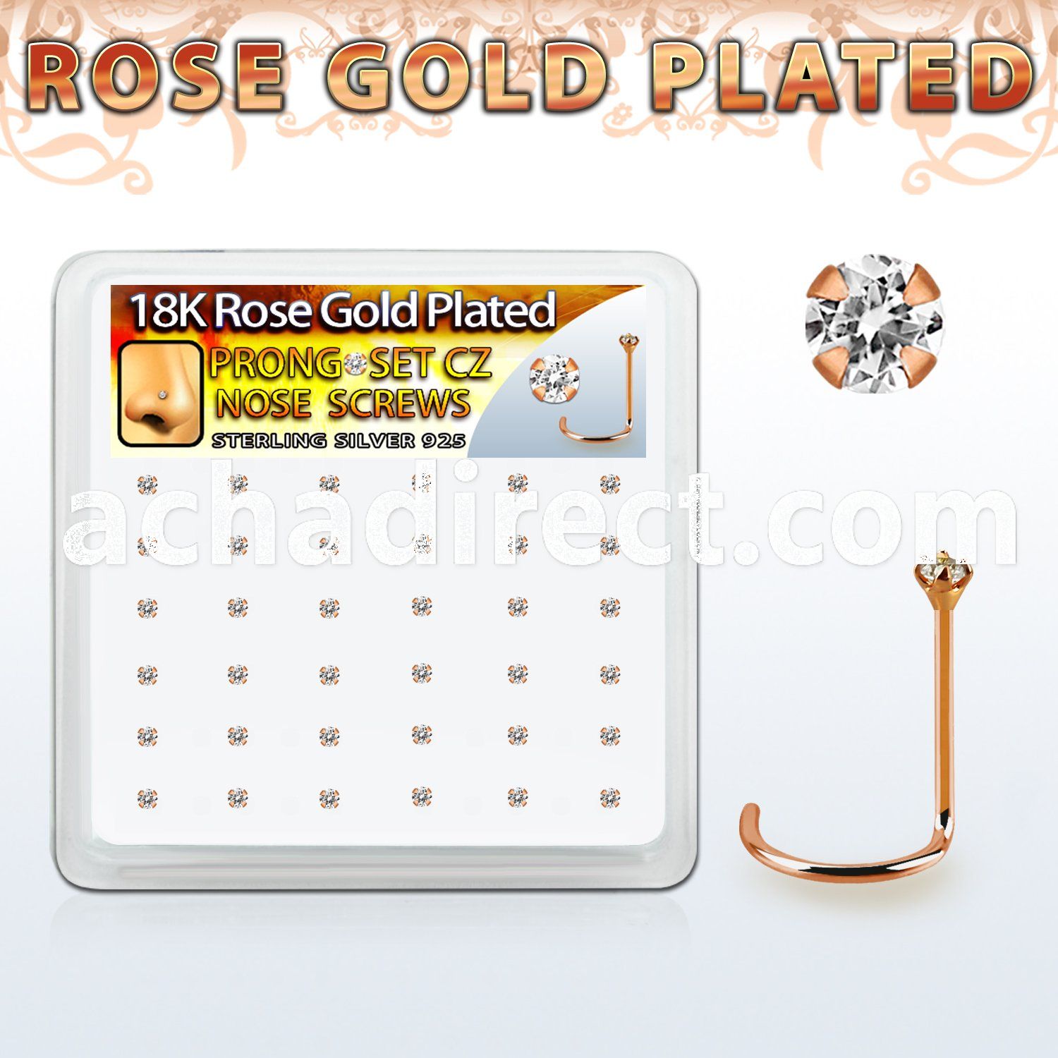 rswz12xc box w rose gold plated silver nose screw w set 1.25mm cz
