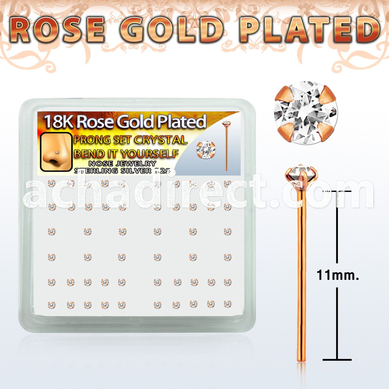 rsyp14xc rose gold plated silver bend it nose stud w 2mm crystal