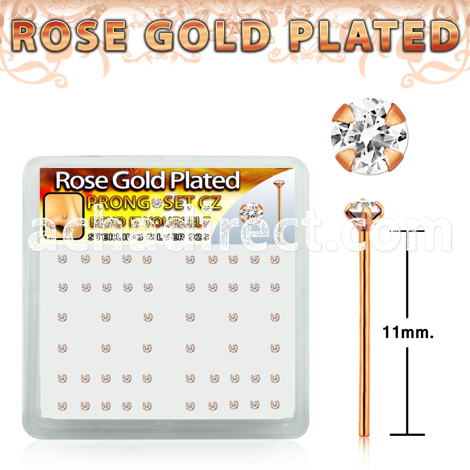 rsyz2xc rose gold plated silver bend it nose stud w 2mm cz top