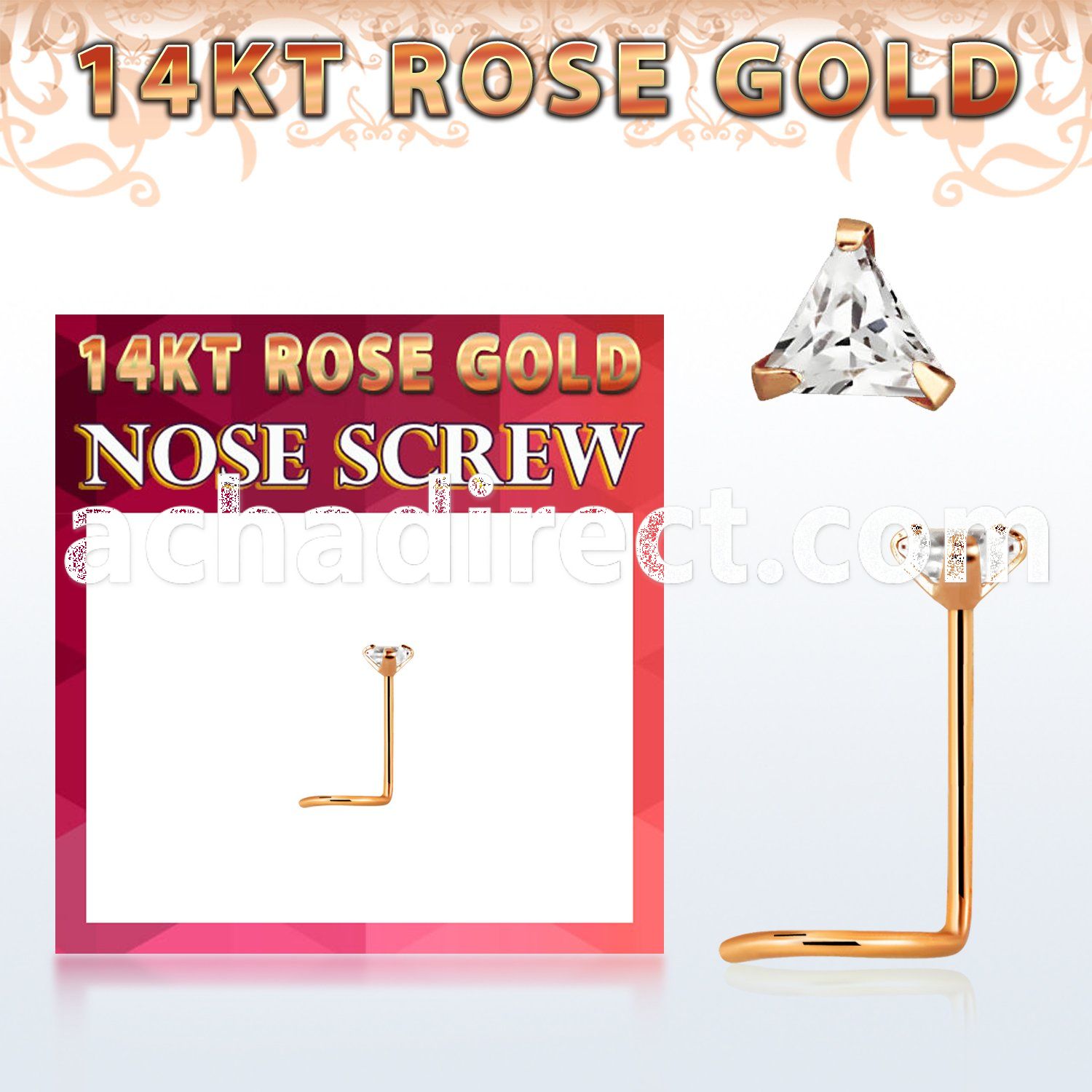 rsztc1 14kt rose gold nose screw w a 3mm triangle shaped cz