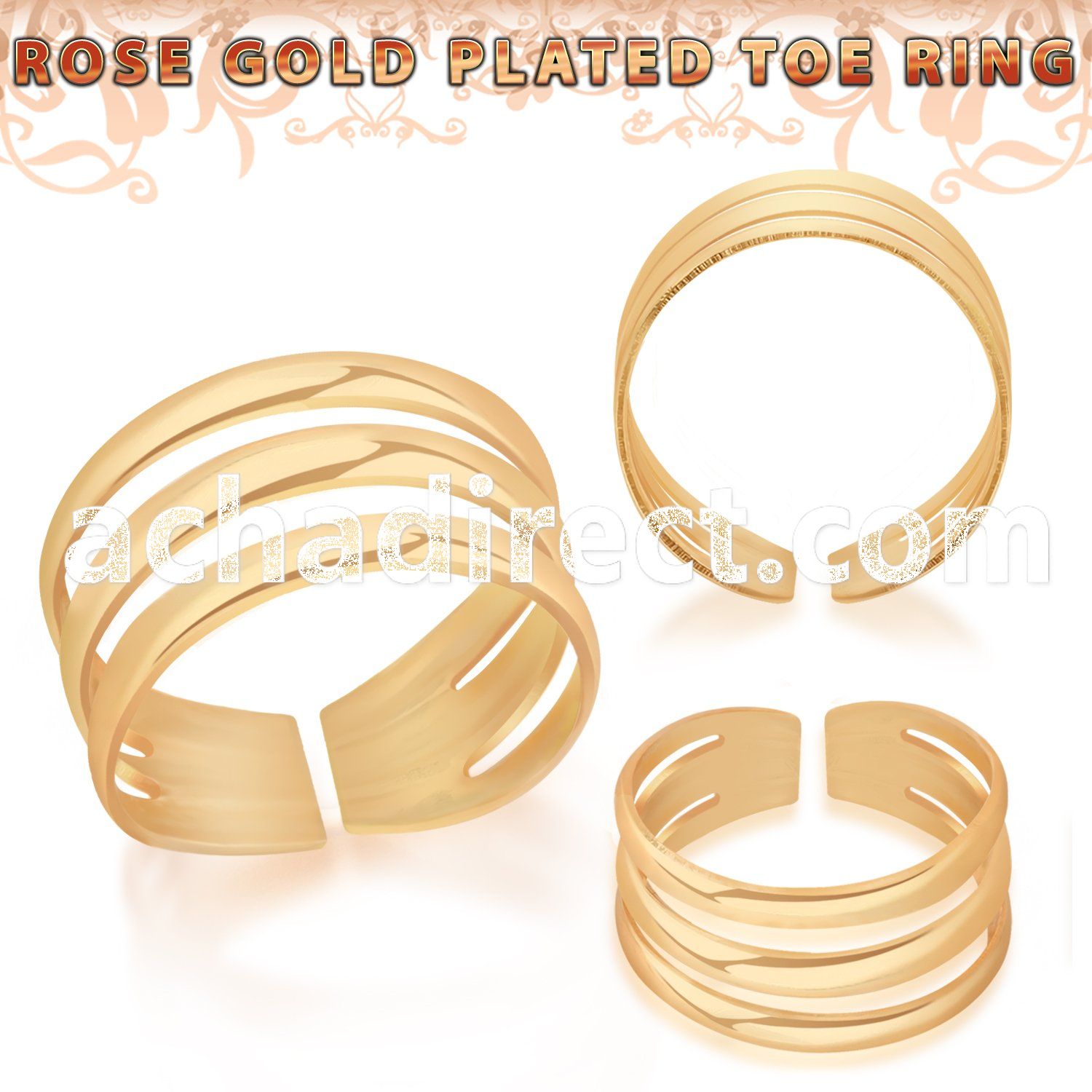 rt564 rosegold plated silver adjustable toe ring three bands