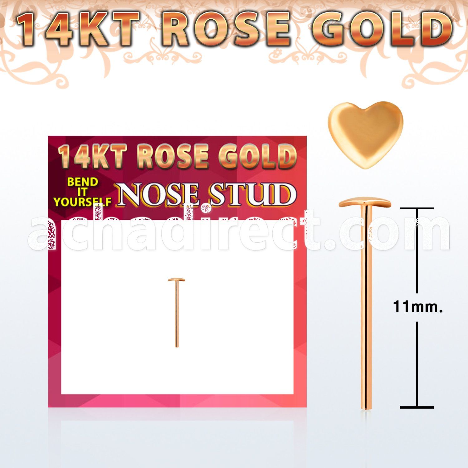 rysht 14kt rose gold bend it nose stud 2.5mm heart shaped top