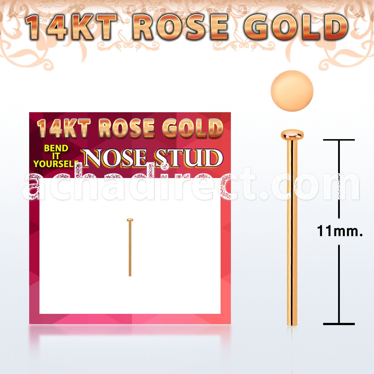 rysrd1 14kt rose gold bend it nose stud, 22g 1mm flat top