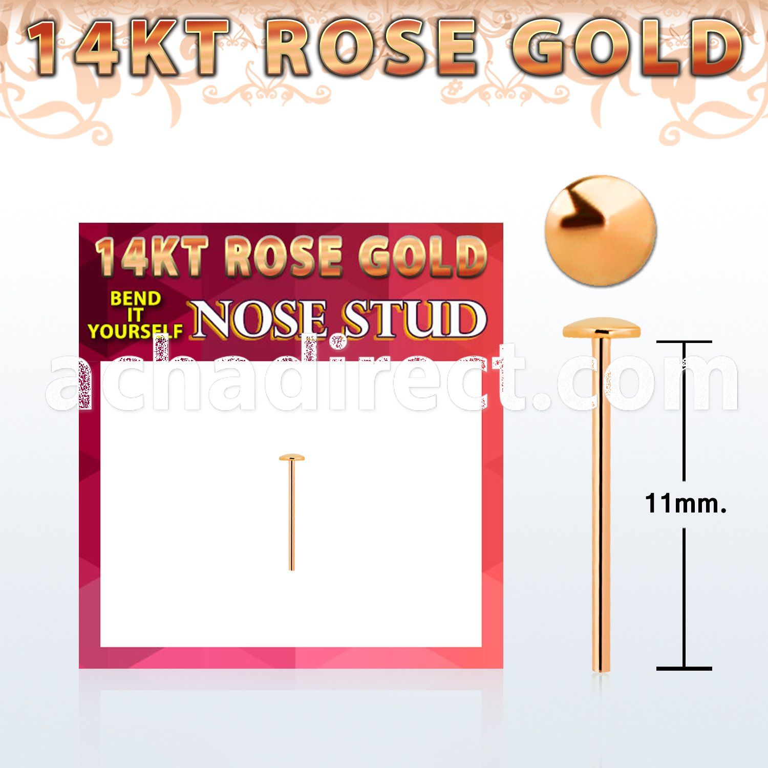 rysrd 14kt rose gold bend it nose stud w 2mm round shaped top