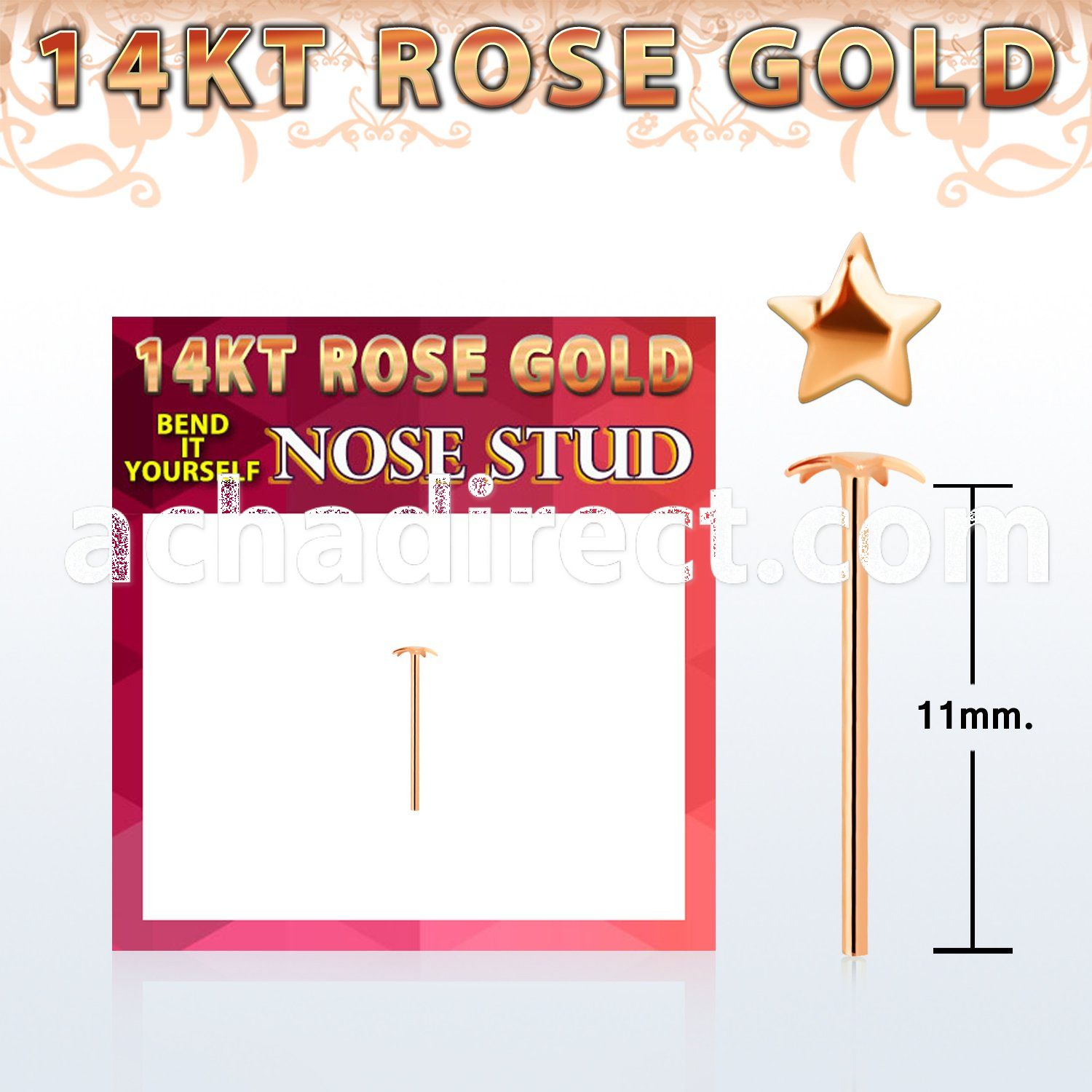 rysst 14kt rose gold bend it nose stud w 2.5mm star shaped top