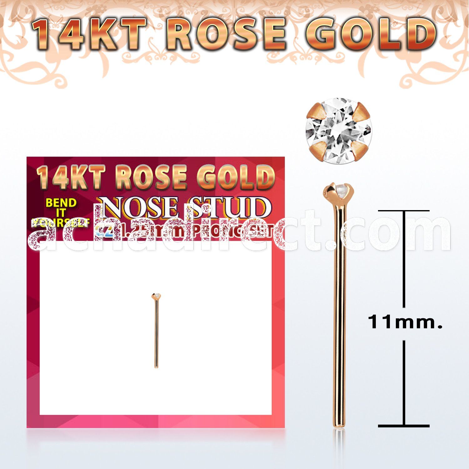 ryzm12 14kt rose gold bend it yourself nose stud 1.2mm clear cz