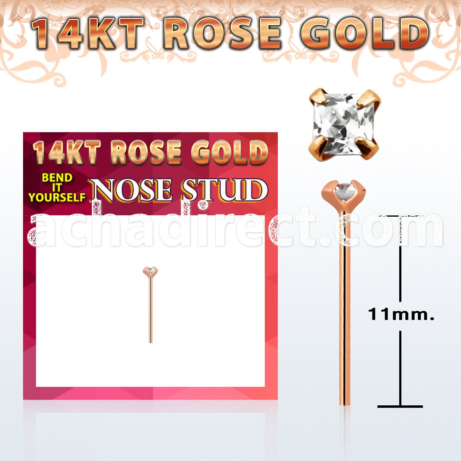 ryzqc1 14kt rose gold bend it nose stud w a 2mm square cz