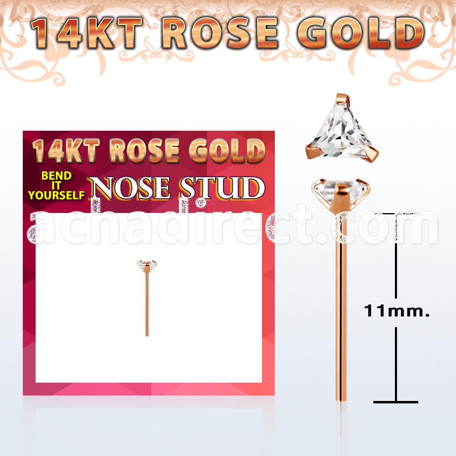 ryztc1 14kt rose gold bend it nose stud w a triangle shaped cz