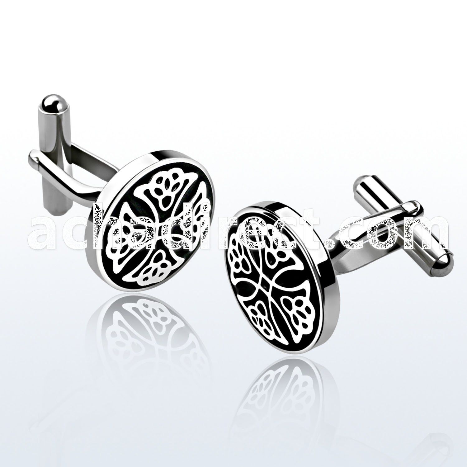 scl12 high polished steel cufflinks w cross flower on black