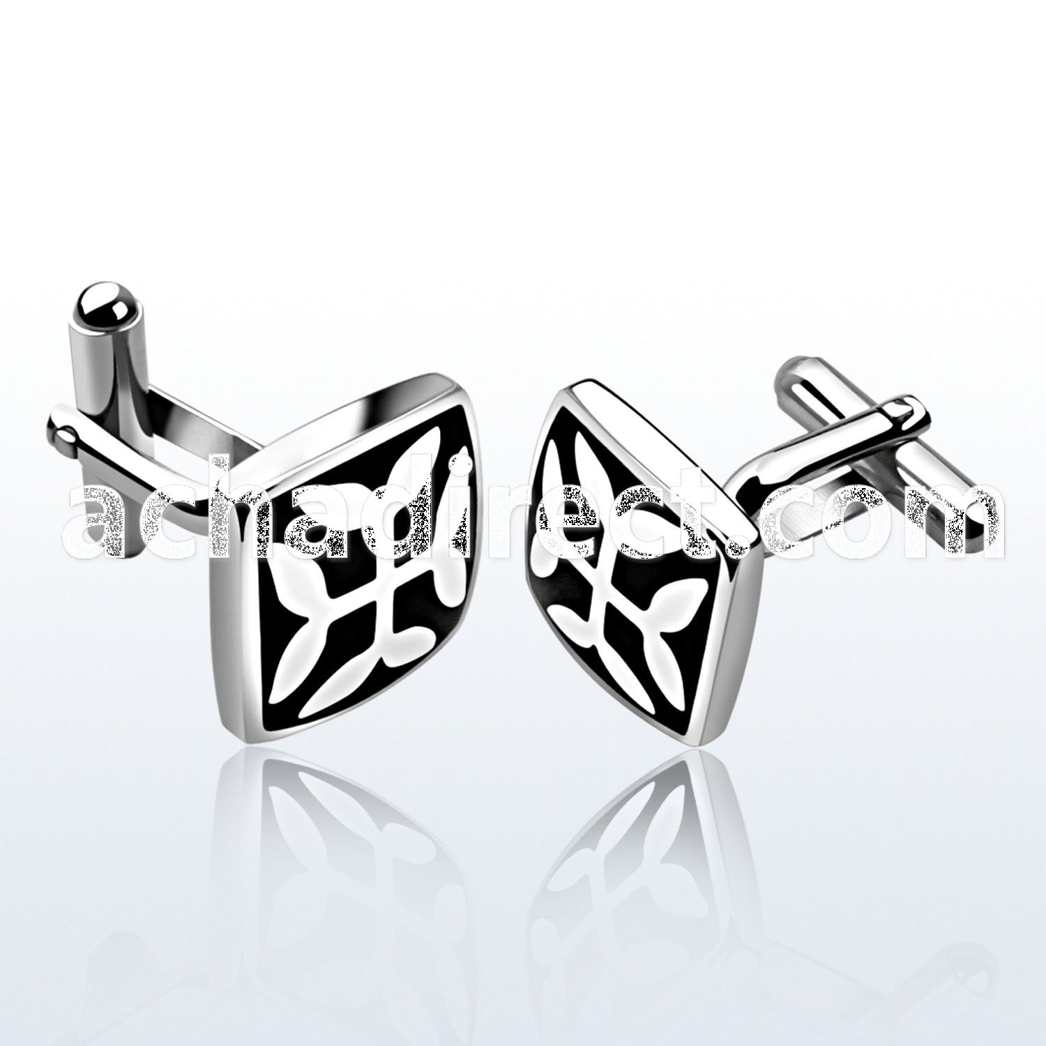 scl16 high polished square steel cufflinks w flower on black