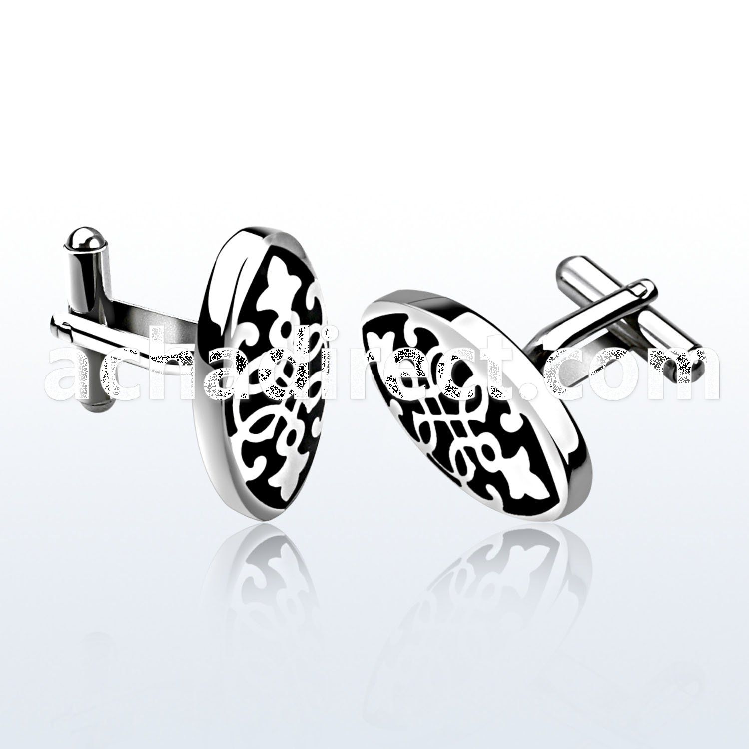 scl17 pair of polished oval steel cufflinks w black tribal