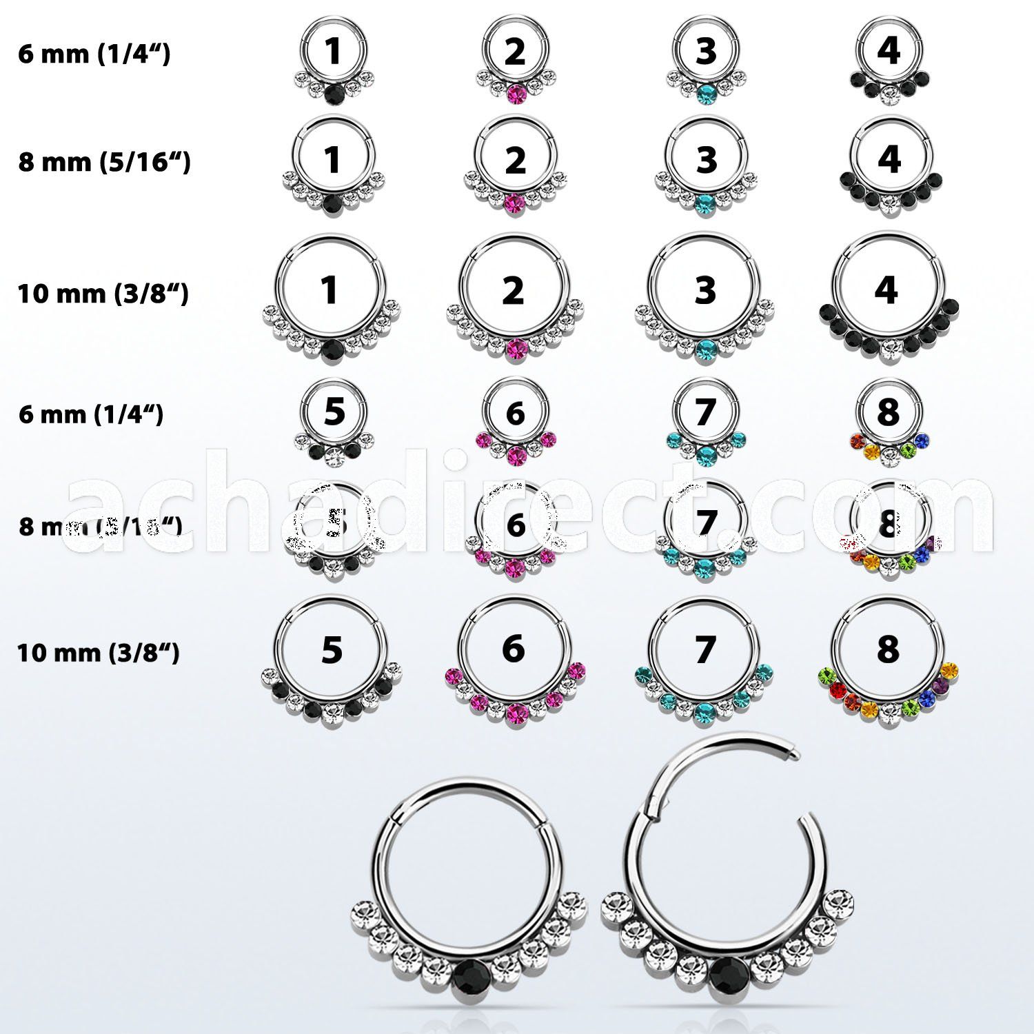 segh16px 316l steel hinged segment ring w 7 mixed color crystals