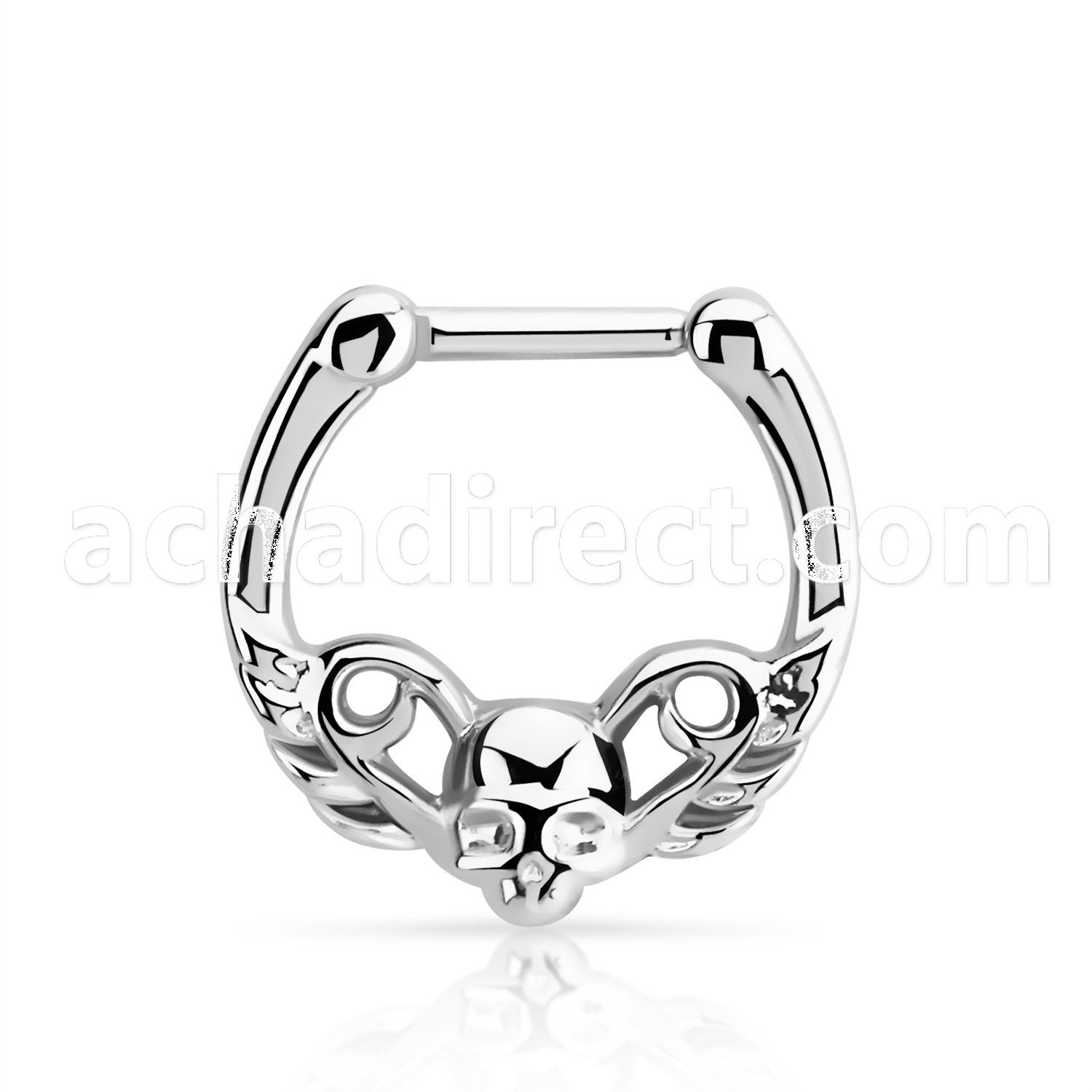 sepy16 high polished 316l steel septum clicker w a skull design
