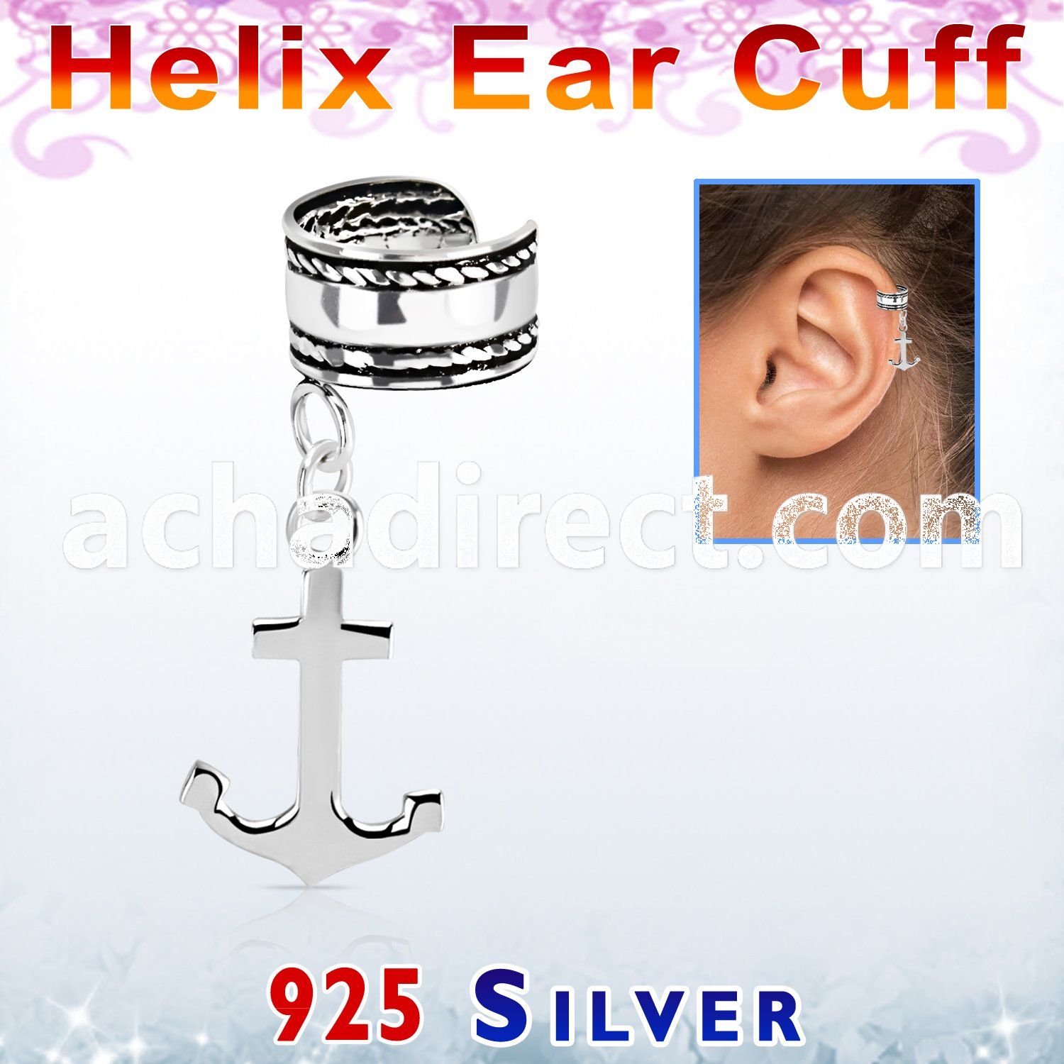 silver helix ear cuff w a rope edge w a anchor dangling
