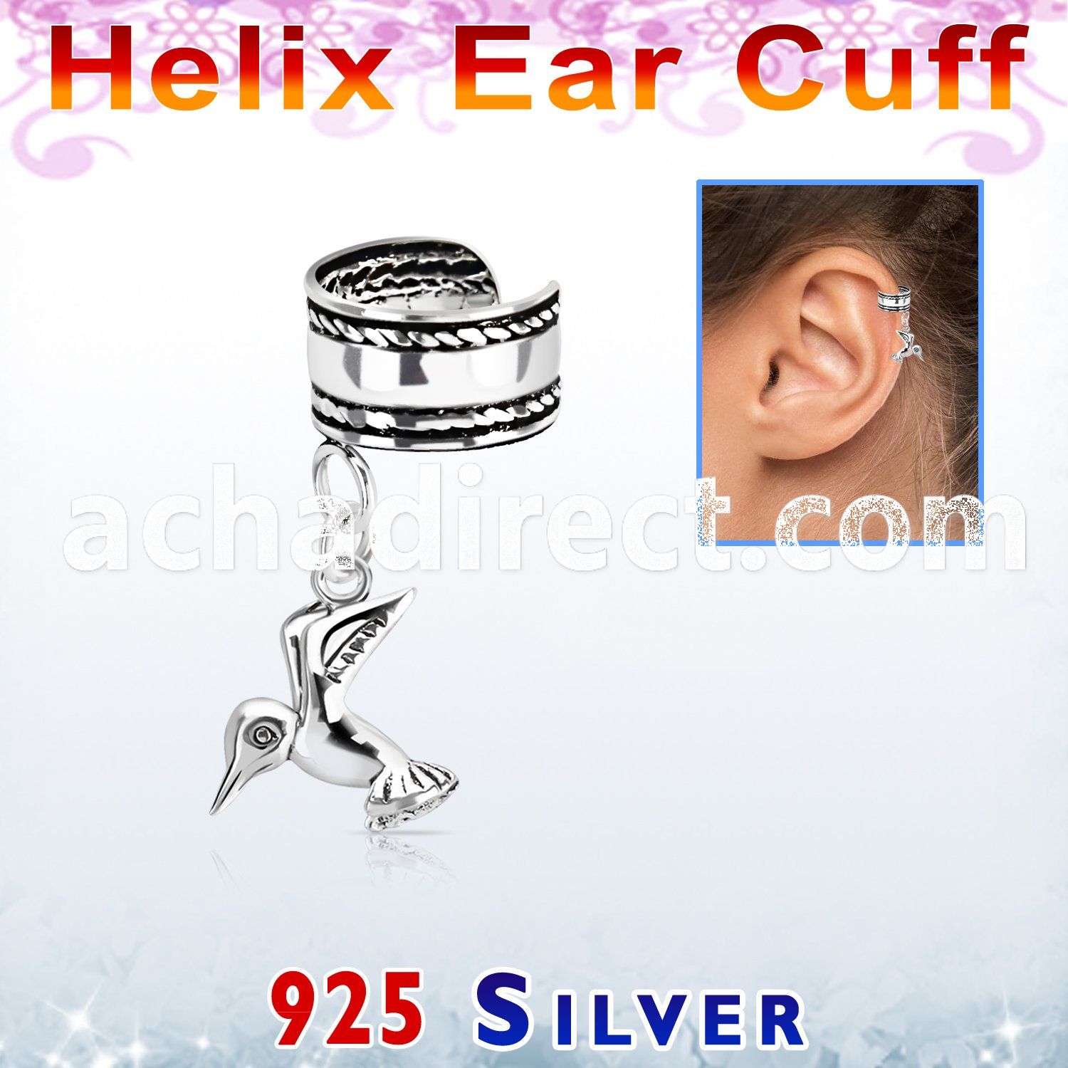 silver helix ear cuff w a rope edge w a bird dangling