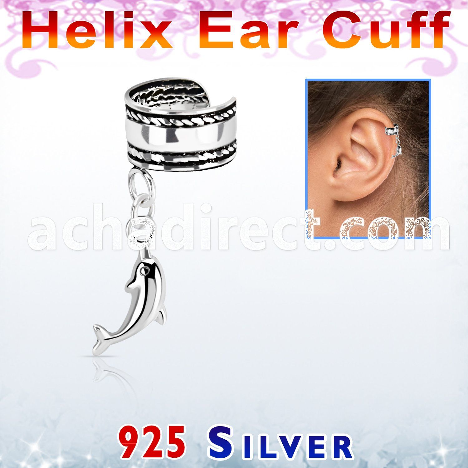 silver helix ear cuff w a rope edge w a dolphin dangling 