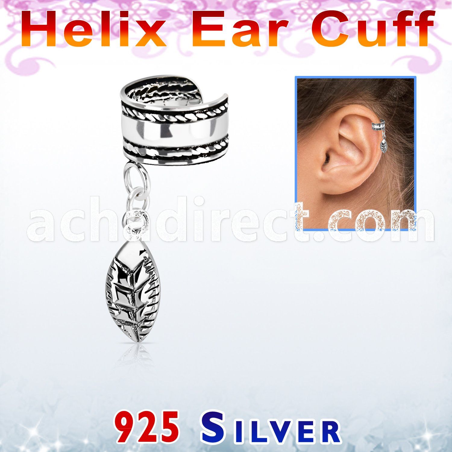 silver helix ear cuff w a rope edge w a leaf dangling