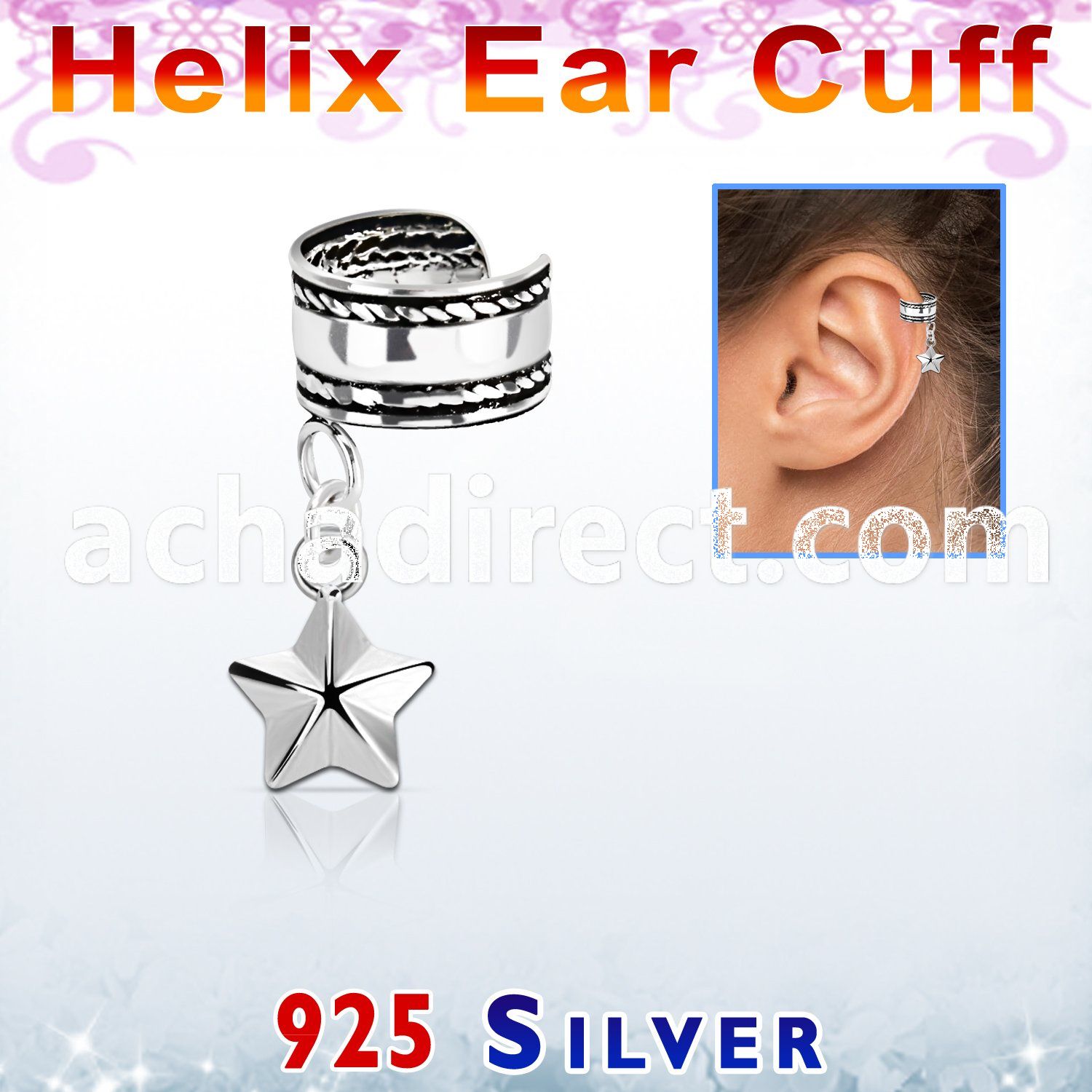 silver helix ear cuff w a rope edge w a star dangling 