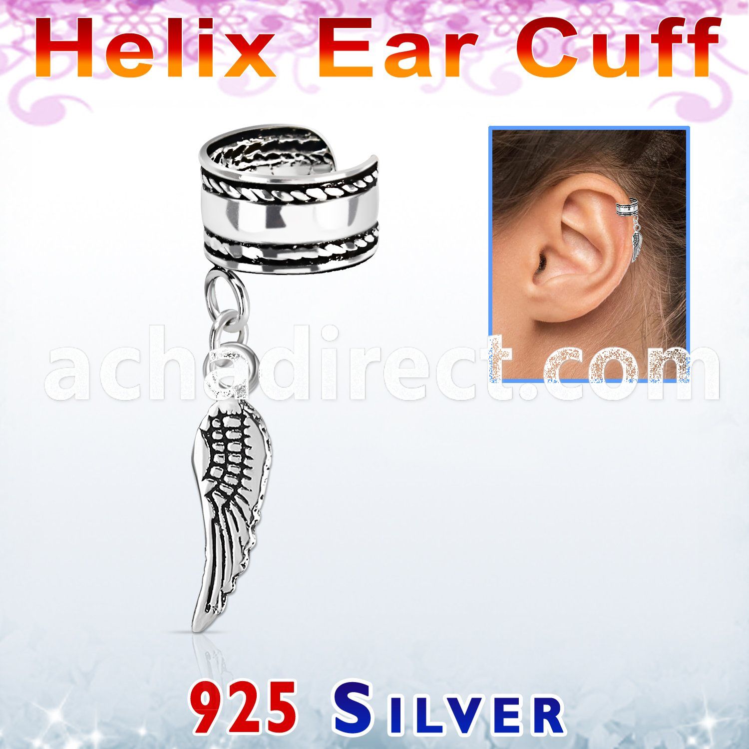 silver helix ear cuff w rope edge w bird wing dangling