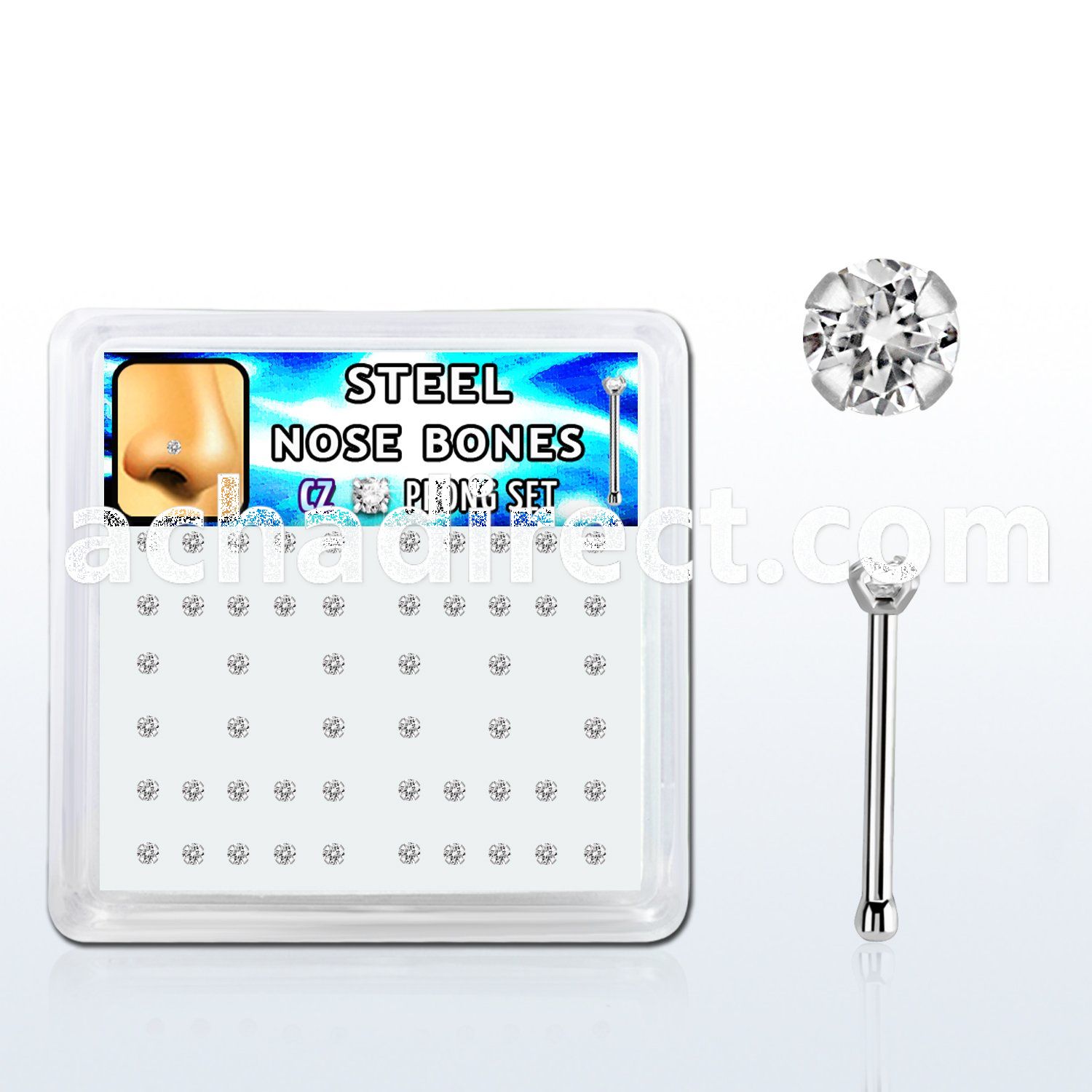 snbz15xc box w 316l steel nose bones, 20g w prong set 1.5mm cz