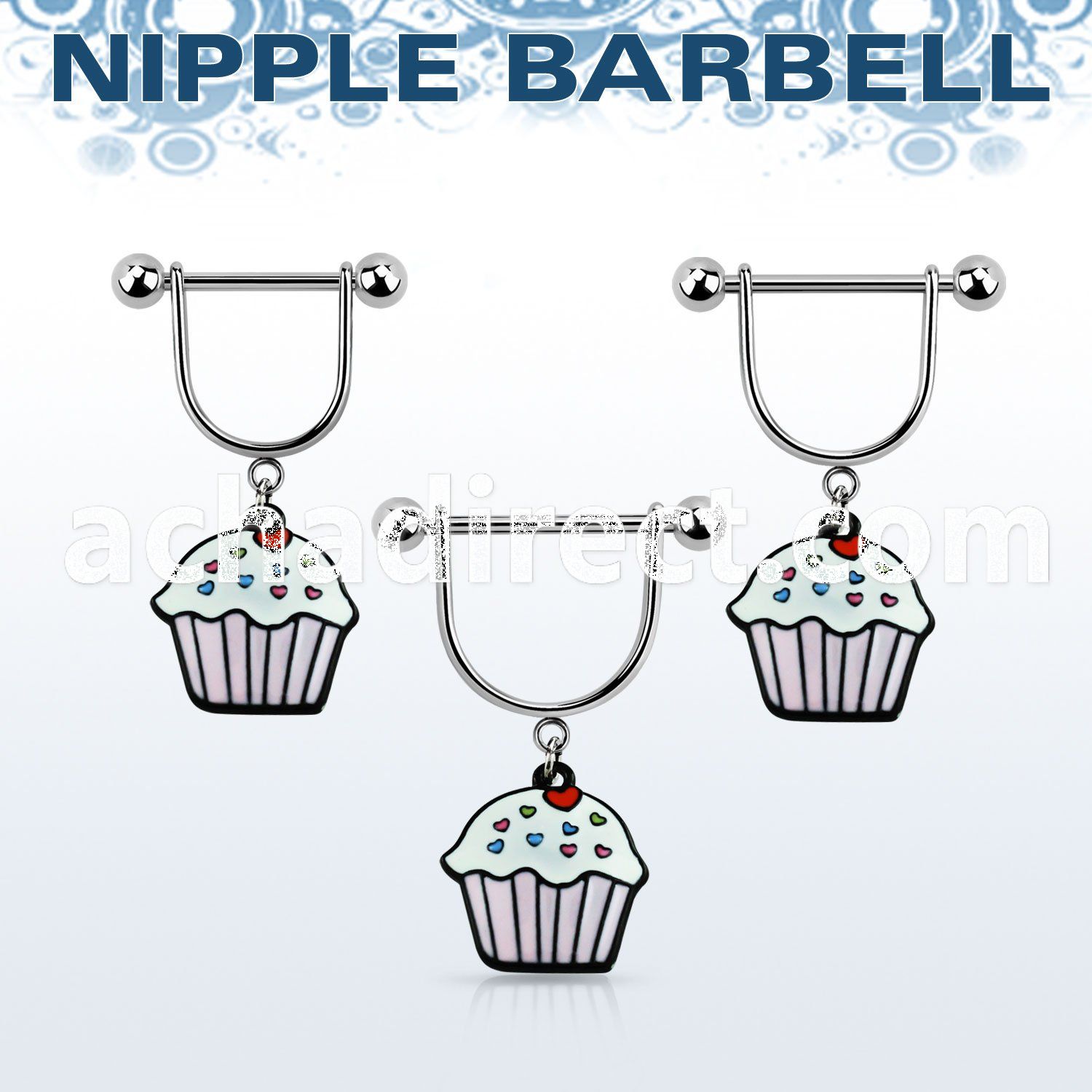 snpod10 316l steel nipple stirrup w painted cupcake design